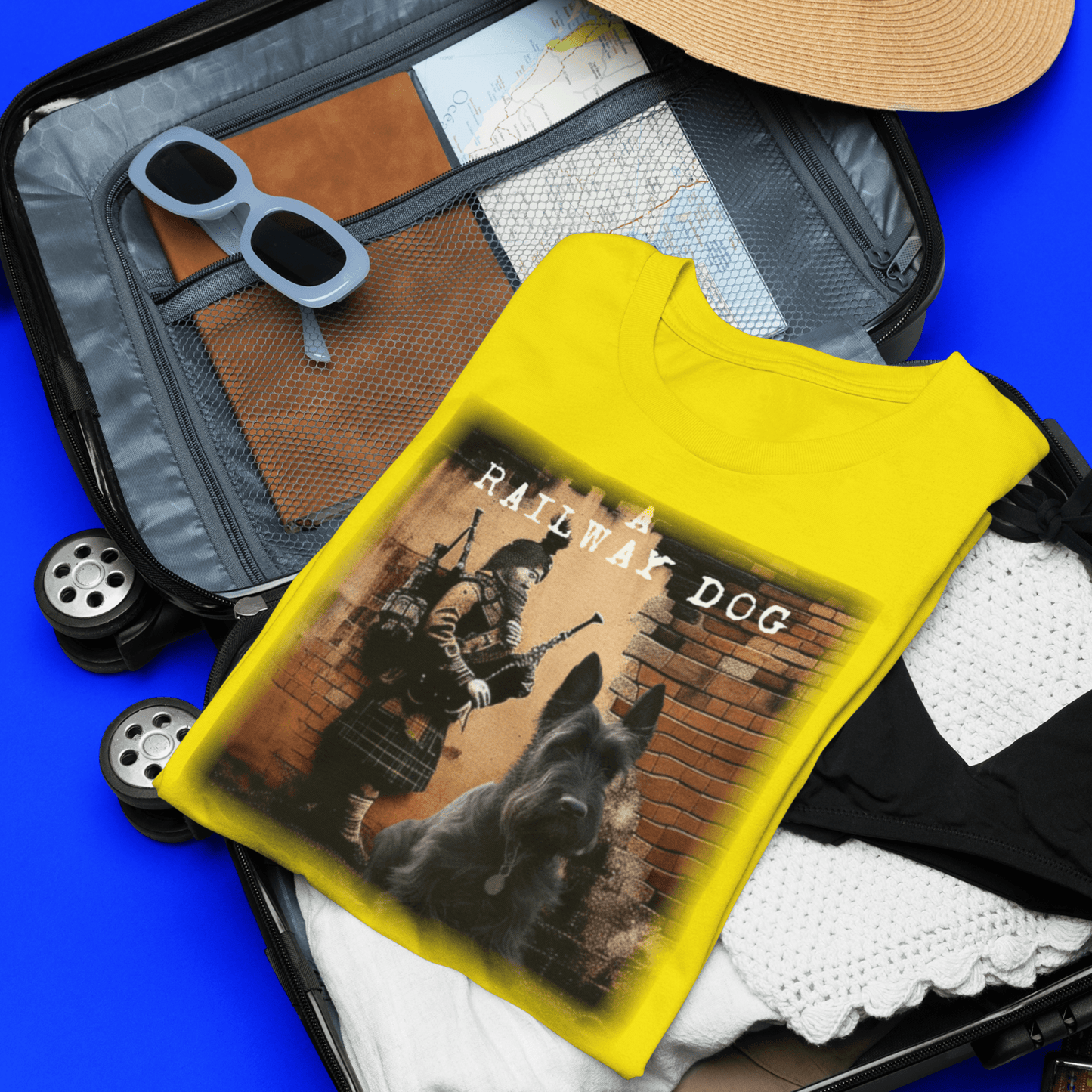 T-shirt featuring a graphic image of a Scottish Terrier dog.