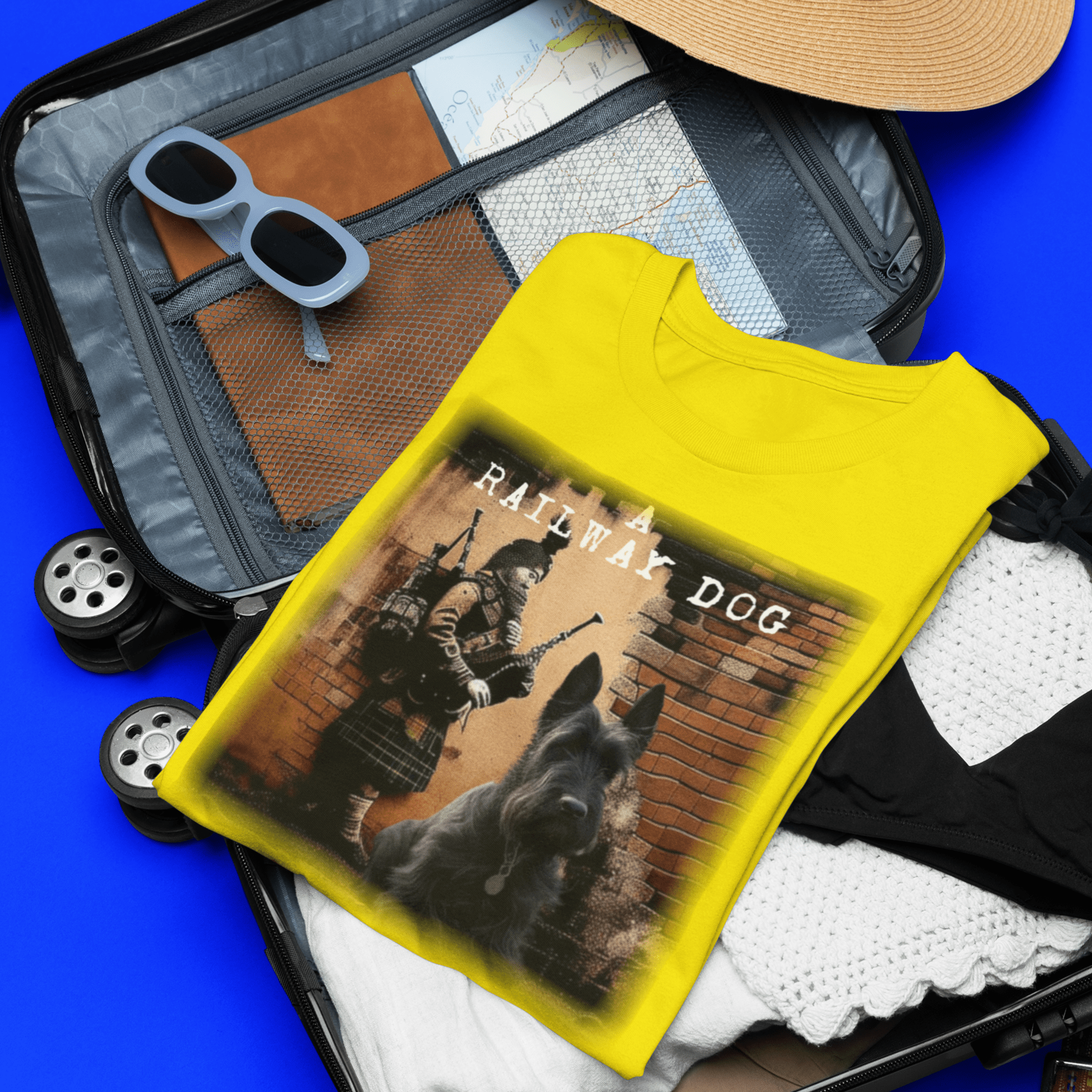 T-shirt featuring a graphic image of a Scottish Terrier dog.