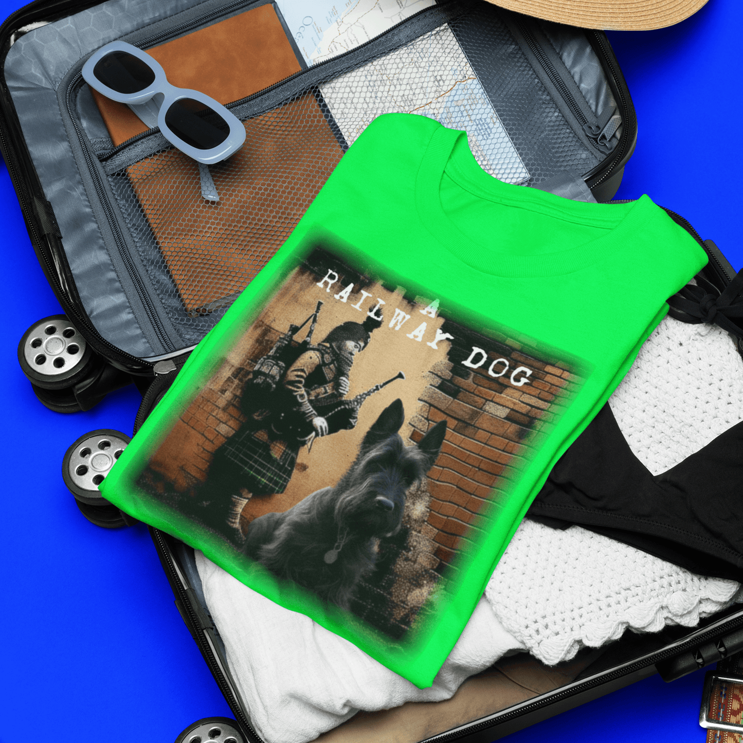 T-shirt featuring a graphic image of a Scottish Terrier dog.