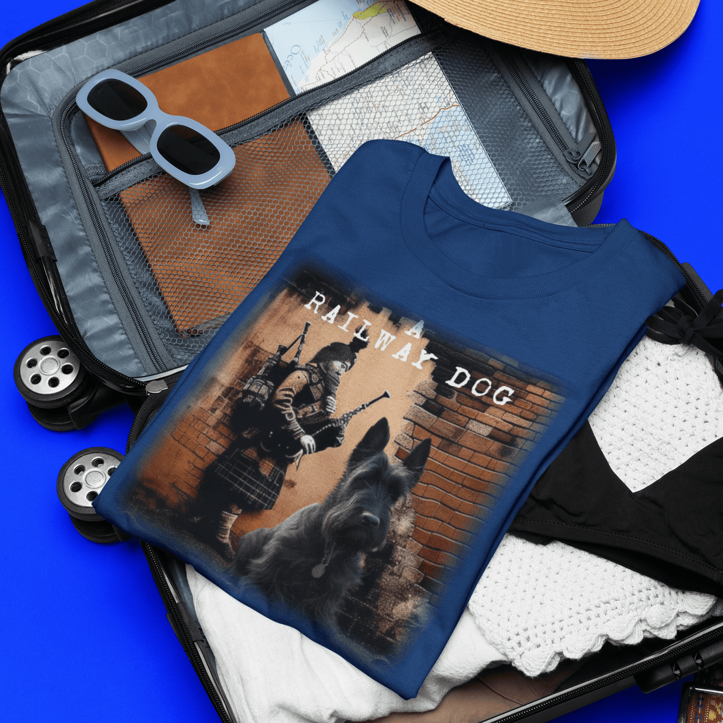 T-shirt featuring a graphic image of a Scottish Terrier dog.