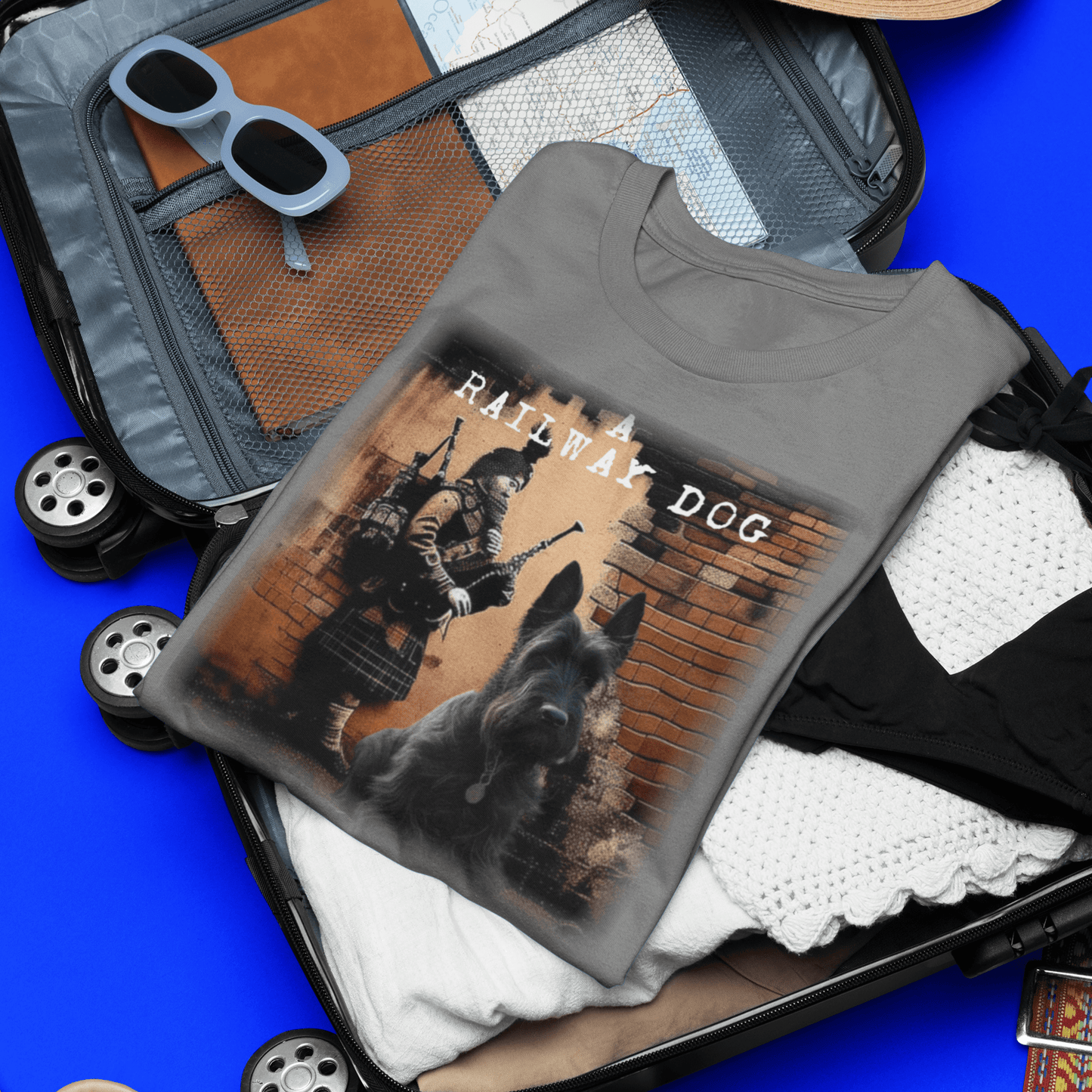 T-shirt featuring a graphic image of a Scottish Terrier dog.