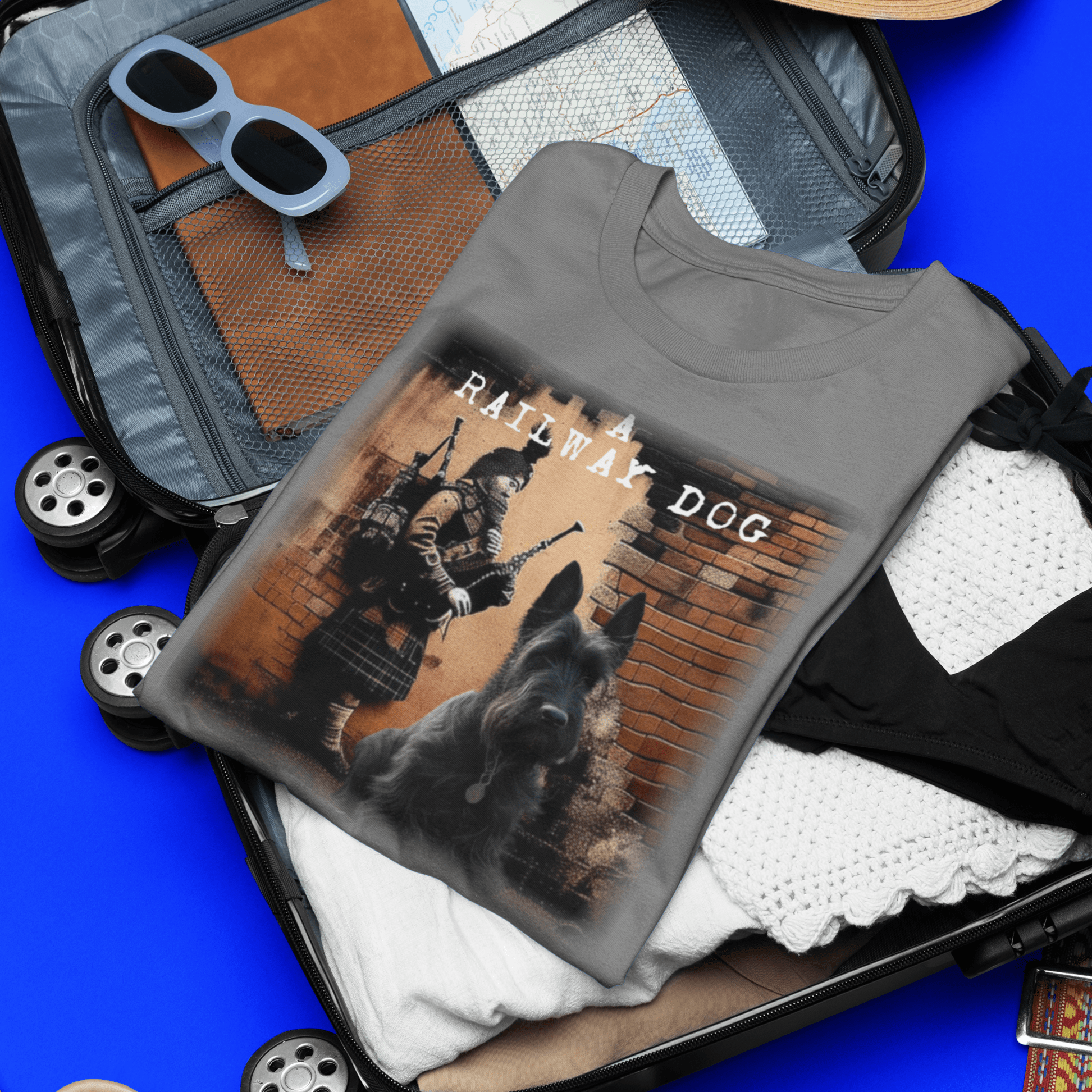 T-shirt featuring a graphic image of a Scottish Terrier dog.