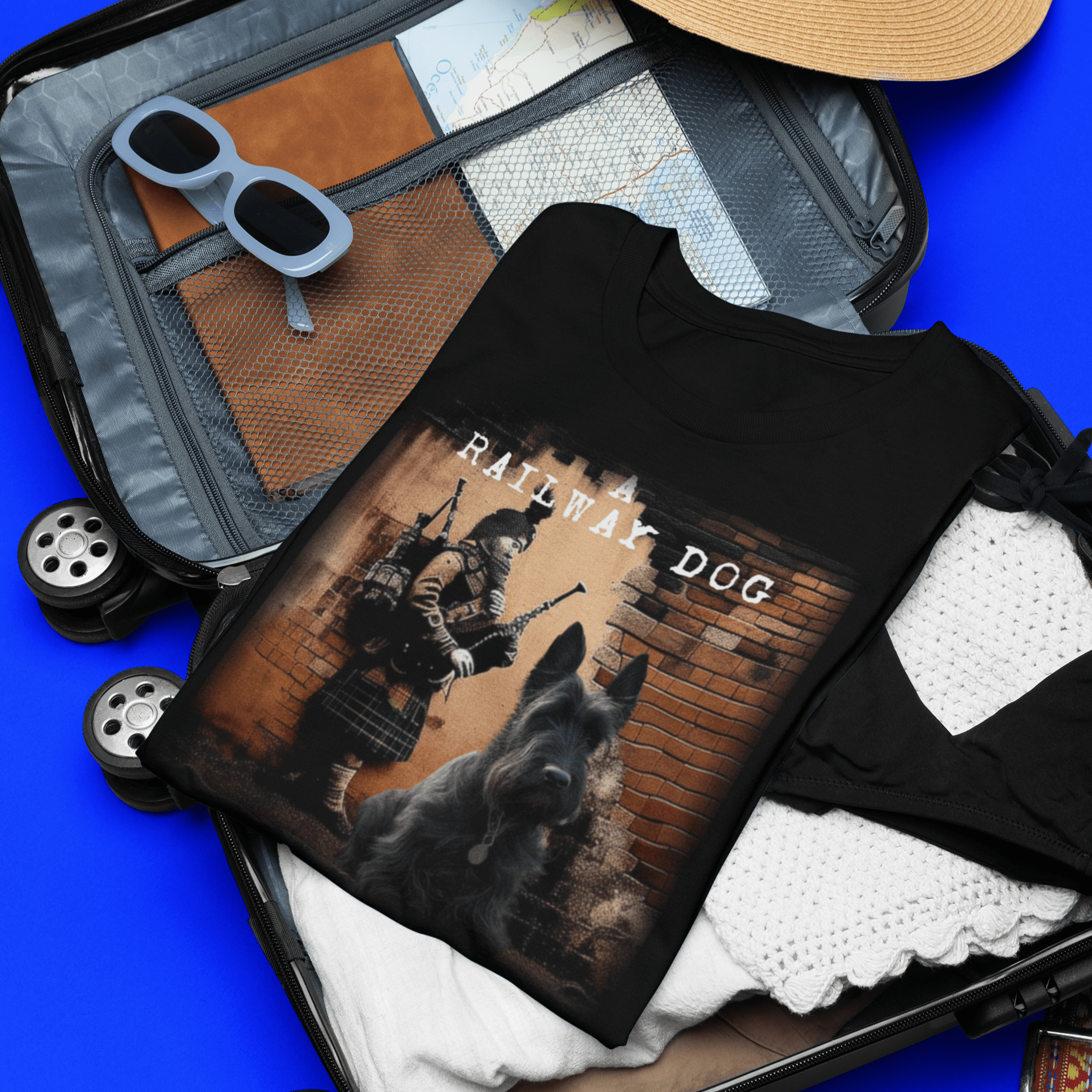 T-shirt featuring a graphic image of a Scottish Terrier dog.