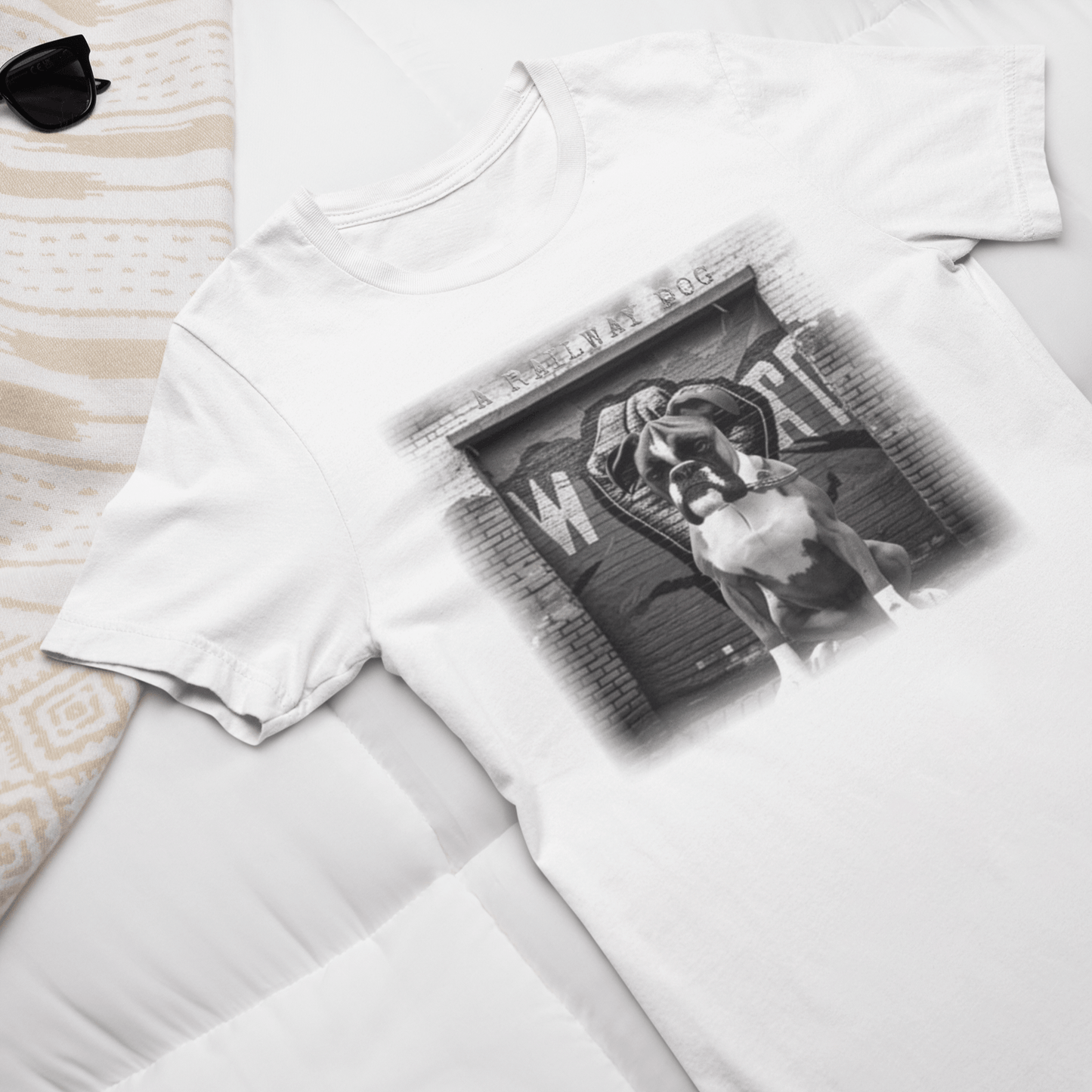 Image of a Boxer dog with a powerful build and energetic expression on a t-shirt.