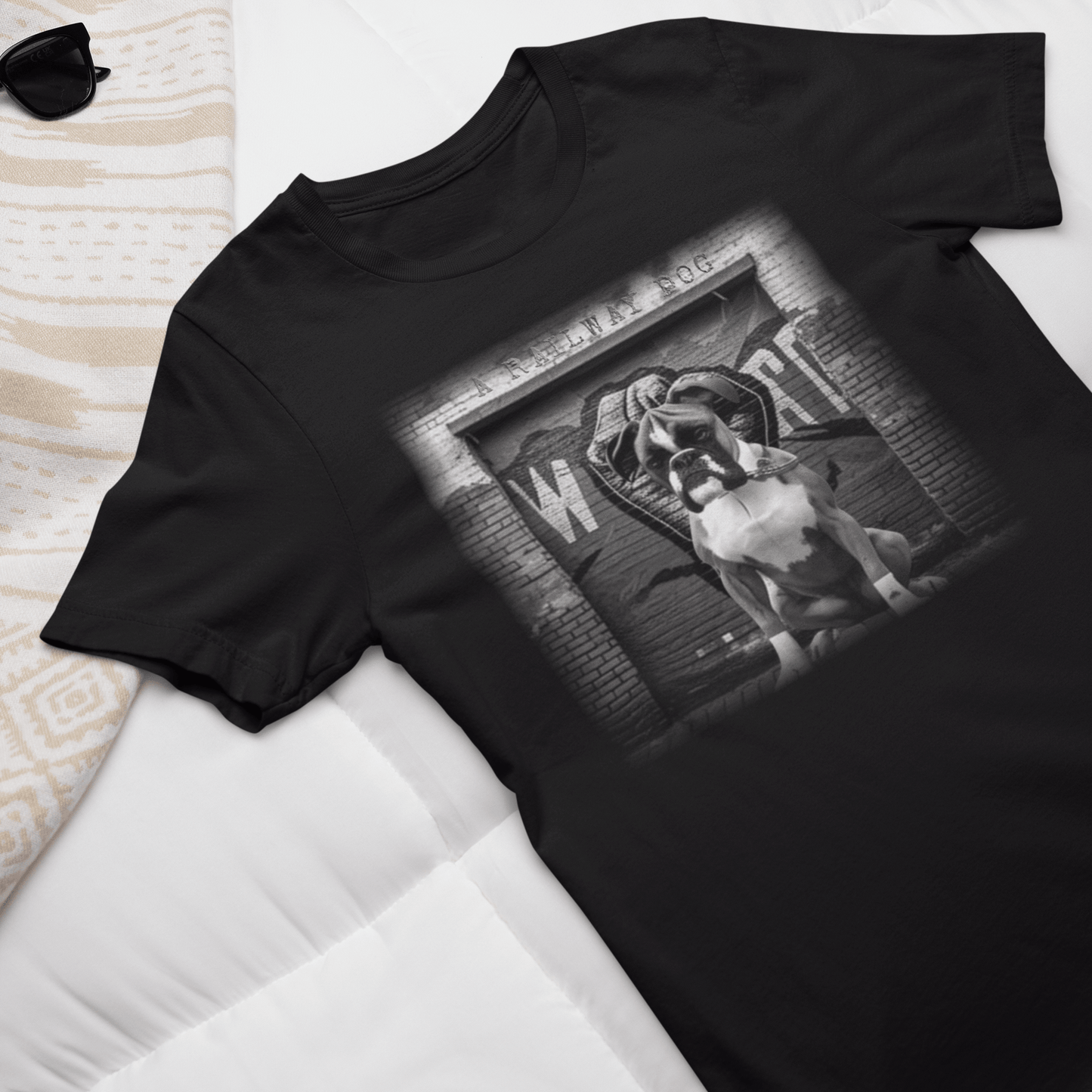 Image of a Boxer dog with a powerful build and energetic expression on a t-shirt.