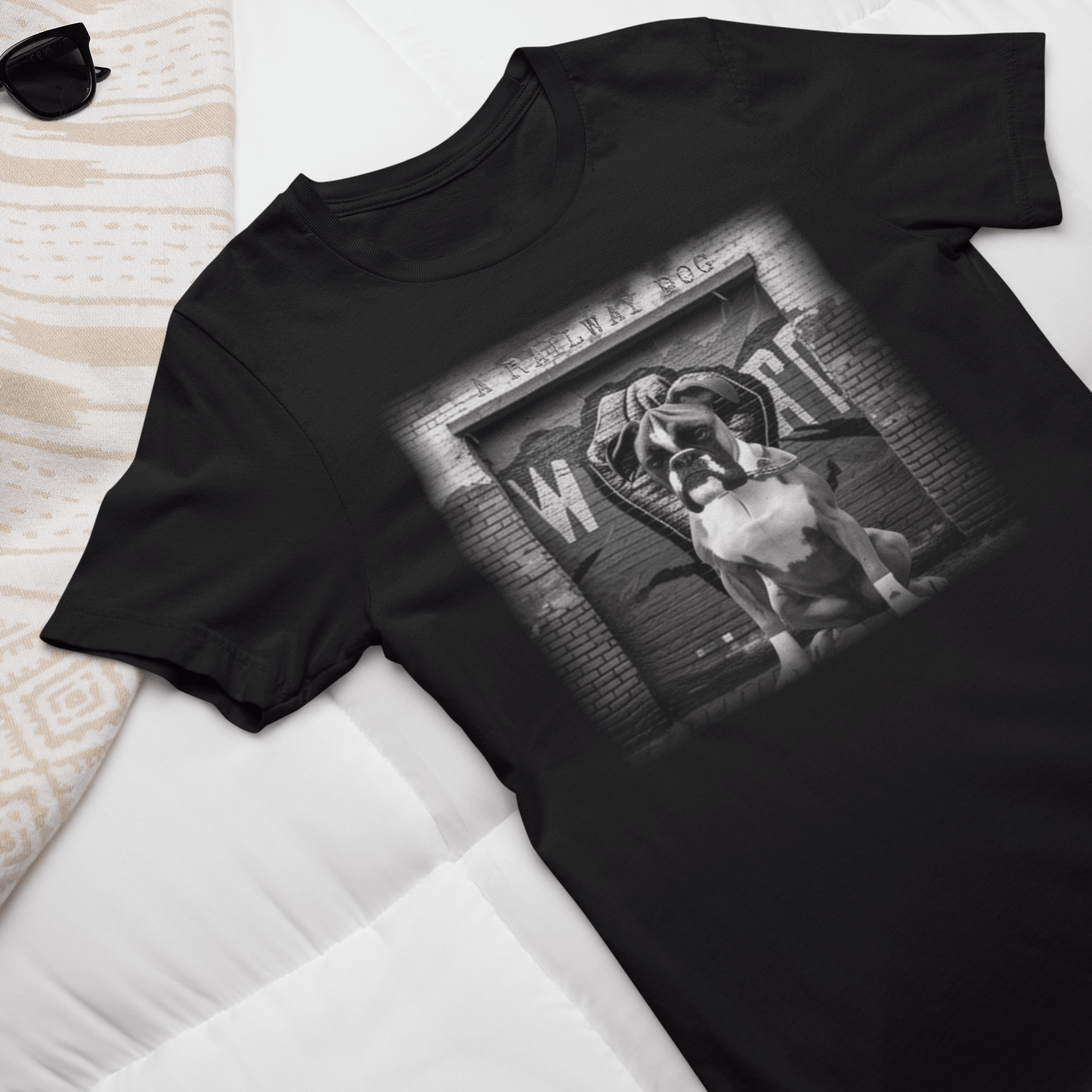 Image of a Boxer dog with a powerful build and energetic expression on a t-shirt.