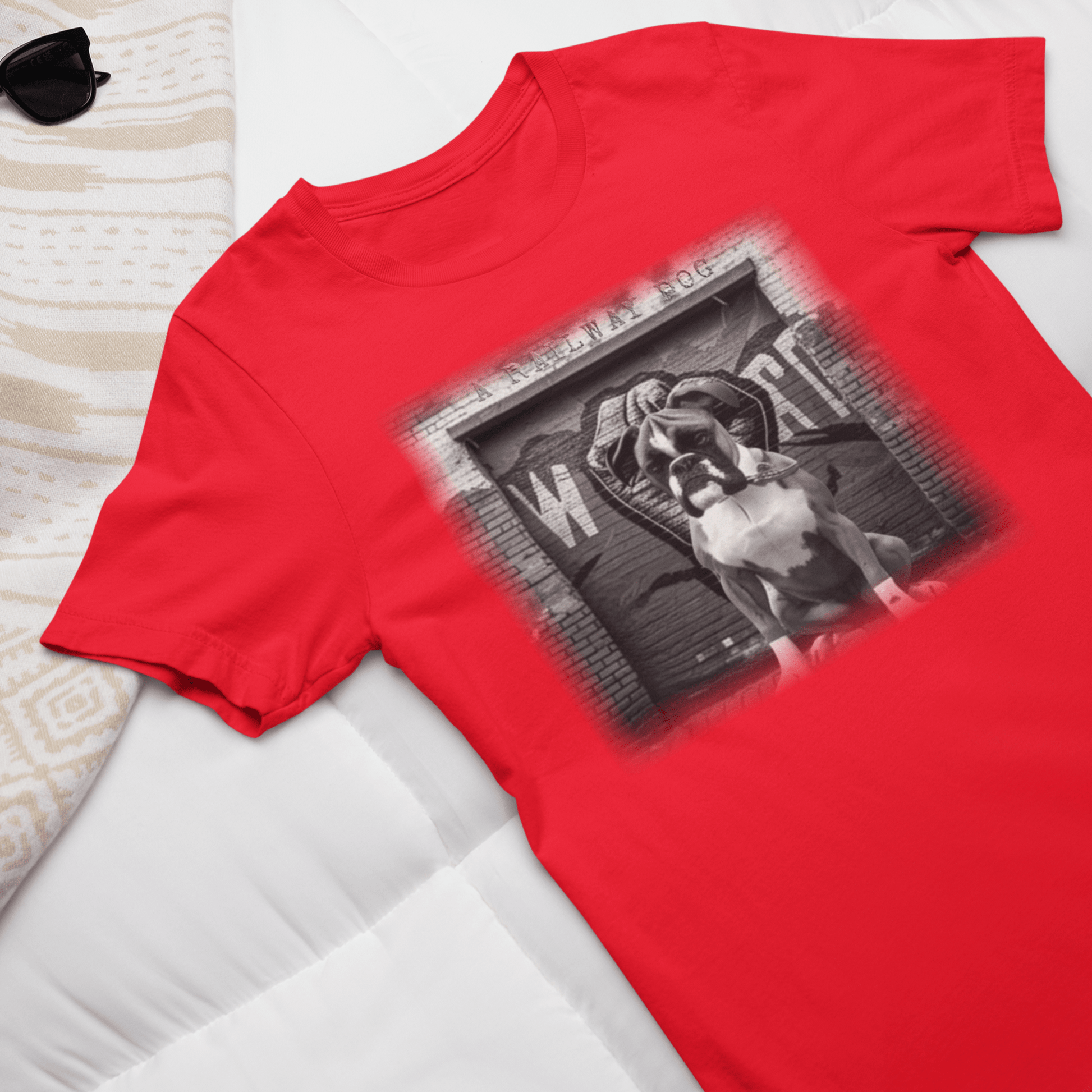 Image of a Boxer dog with a powerful build and energetic expression on a t-shirt.