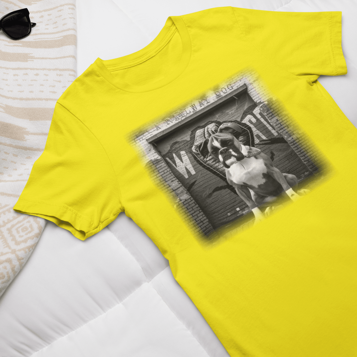 Image of a Boxer dog with a powerful build and energetic expression on a t-shirt.