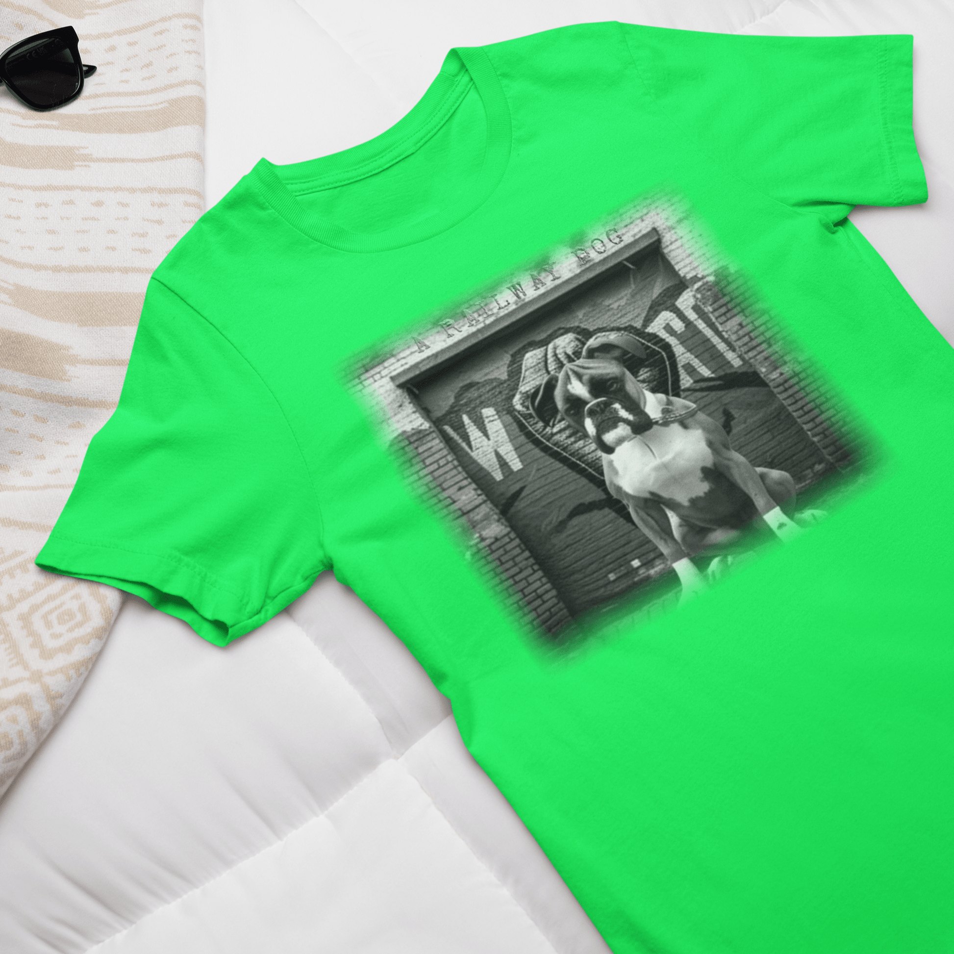 Image of a Boxer dog with a powerful build and energetic expression on a t-shirt.