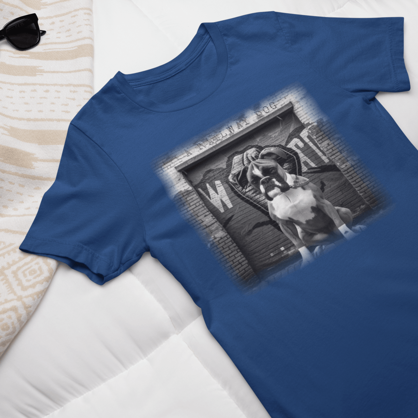 Image of a Boxer dog with a powerful build and energetic expression on a t-shirt.