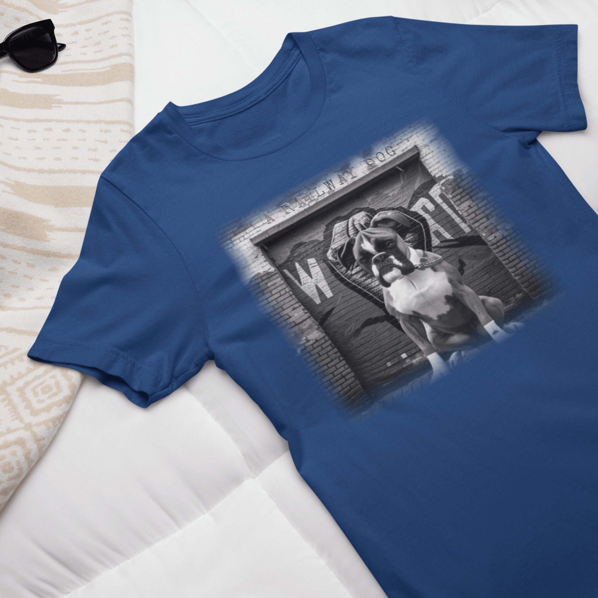 Image of a Boxer dog with a powerful build and energetic expression on a t-shirt.