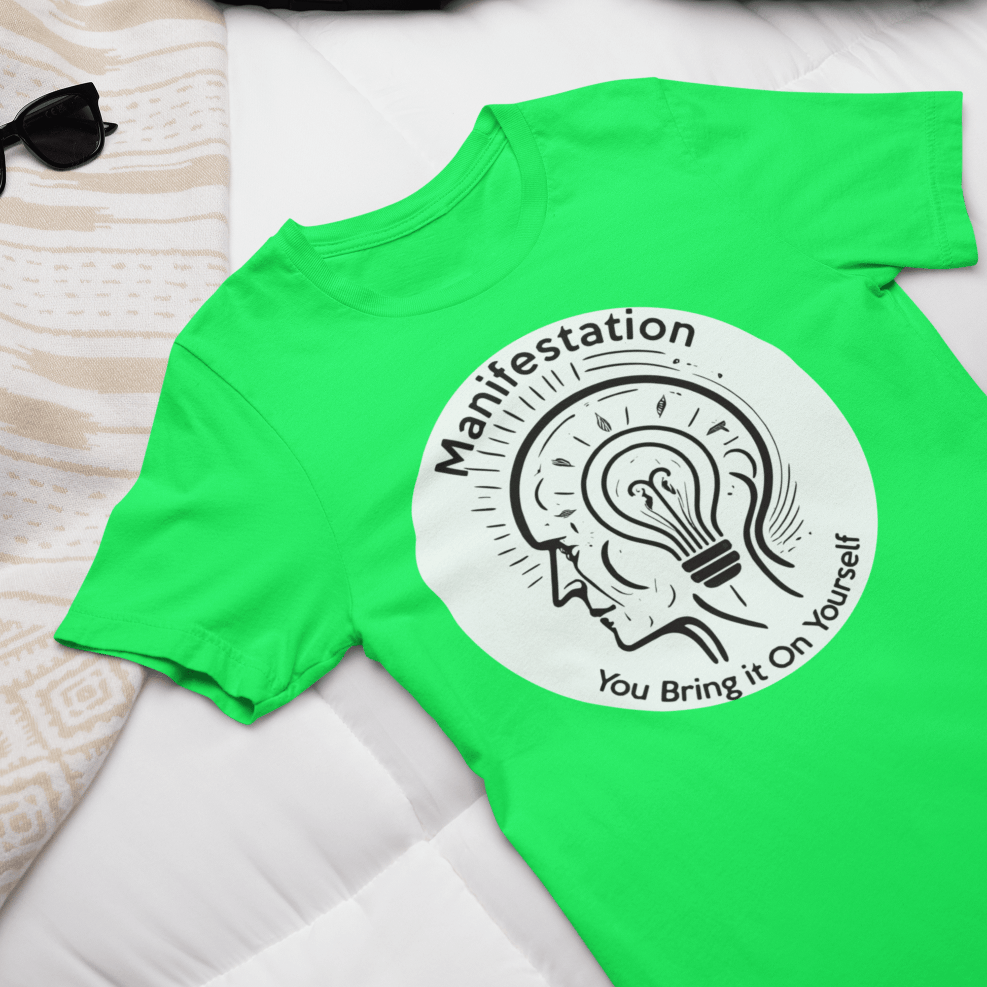 Graphic T-shirt promoting manifestation and mindfulness, with symbolic imagery or text related to personal growth and positivity.