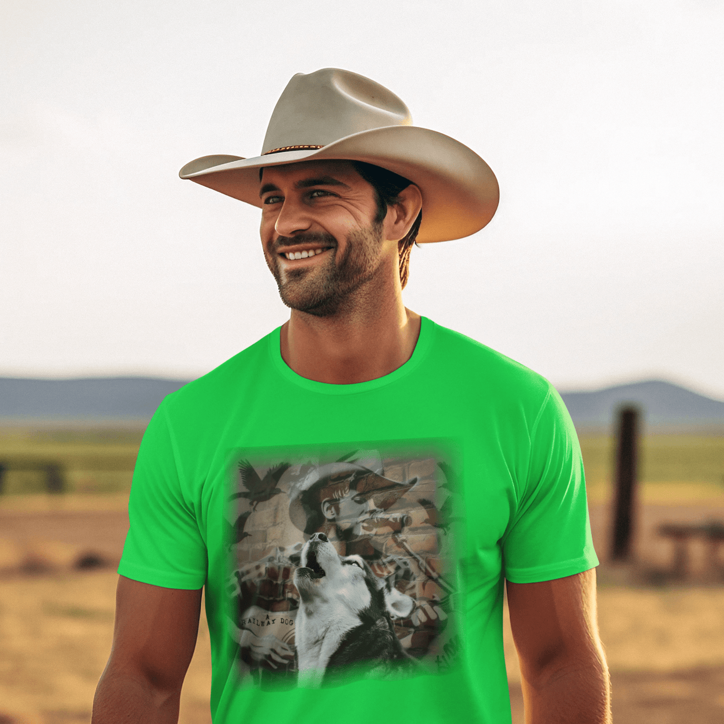 T-shirt with a graphic design featuring a Husky dog and a country music theme.