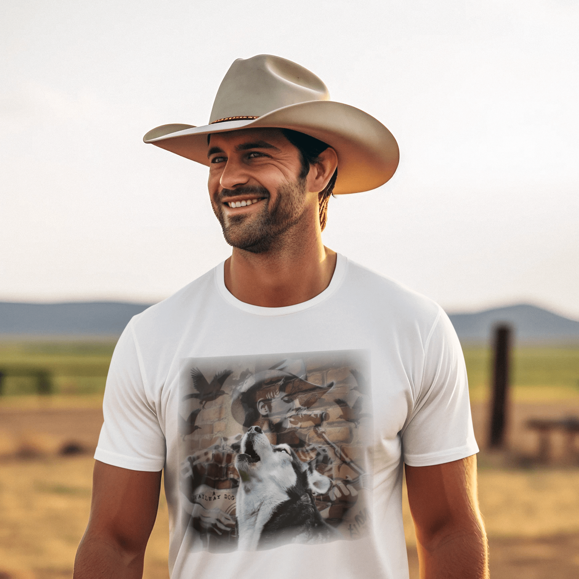 T-shirt with a graphic design featuring a Husky dog and a country music theme.
