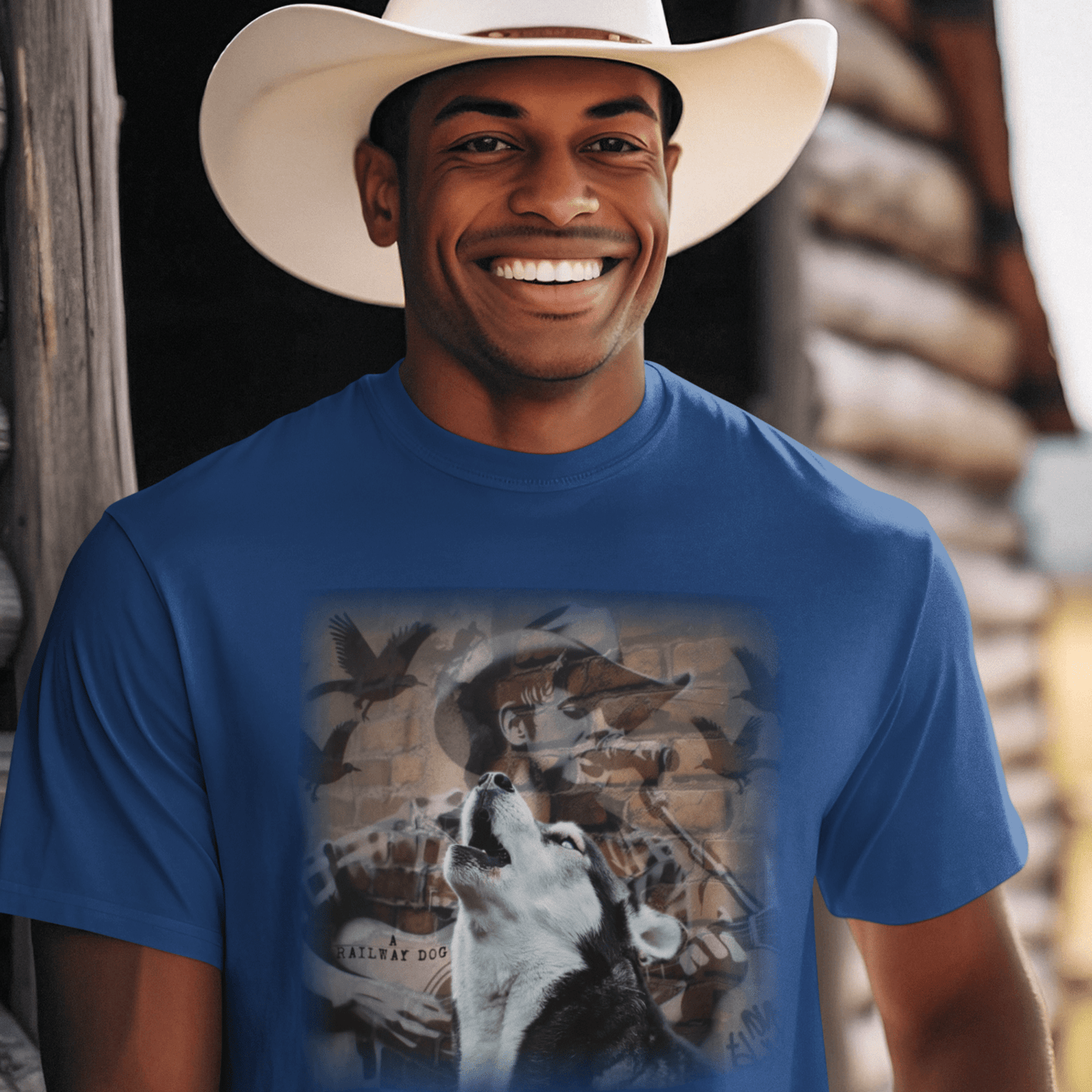 T-shirt with a graphic design featuring a Husky dog and a country music theme.