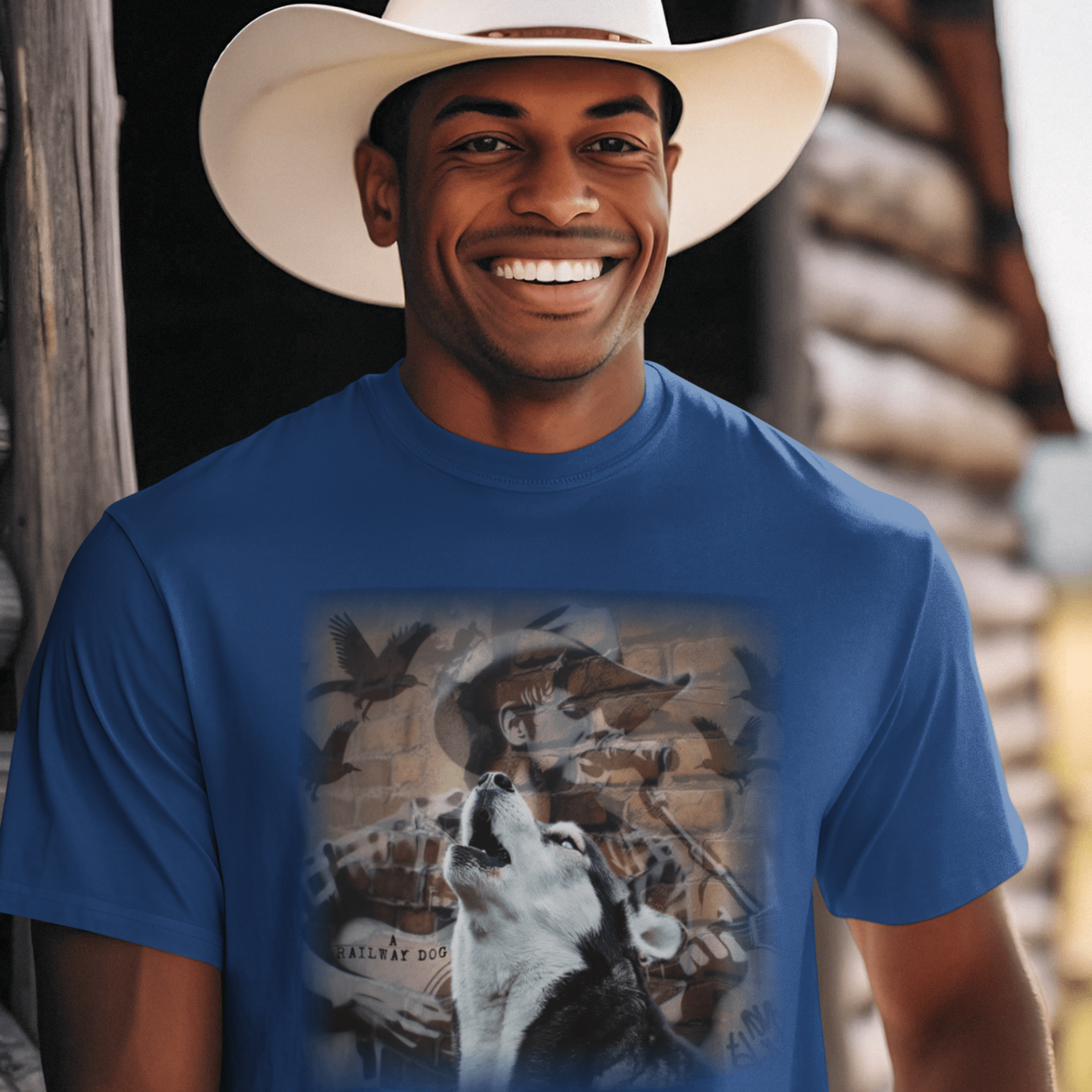 T-shirt with a graphic design featuring a Husky dog and a country music theme.