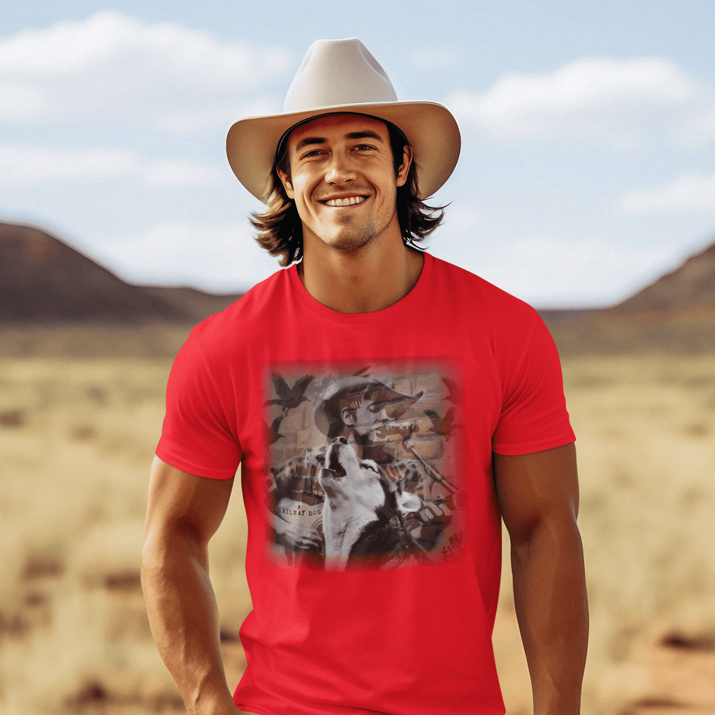 T-shirt with a graphic design featuring a Husky dog and a country music theme.