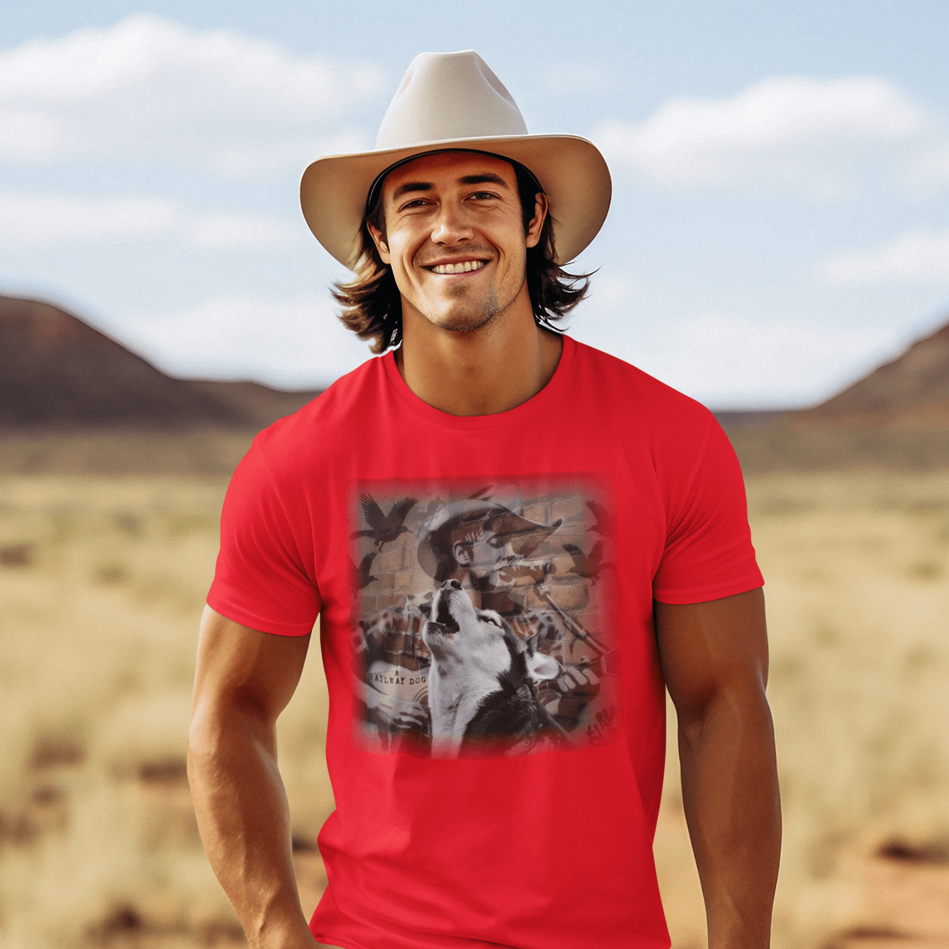T-shirt with a graphic design featuring a Husky dog and a country music theme.