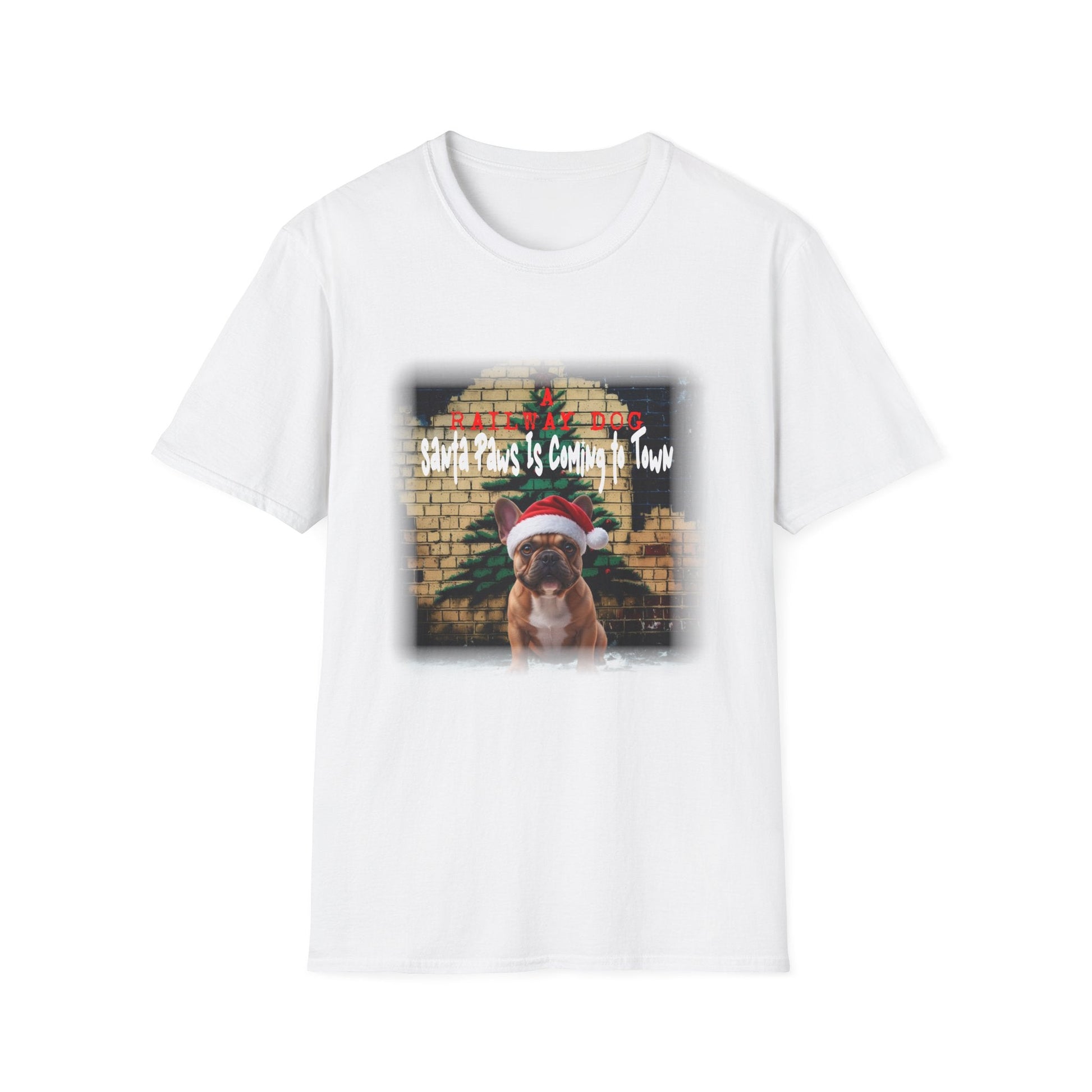 White t-shirt with a graphic of a French Bulldog wearing a Santa hat and text on a white background