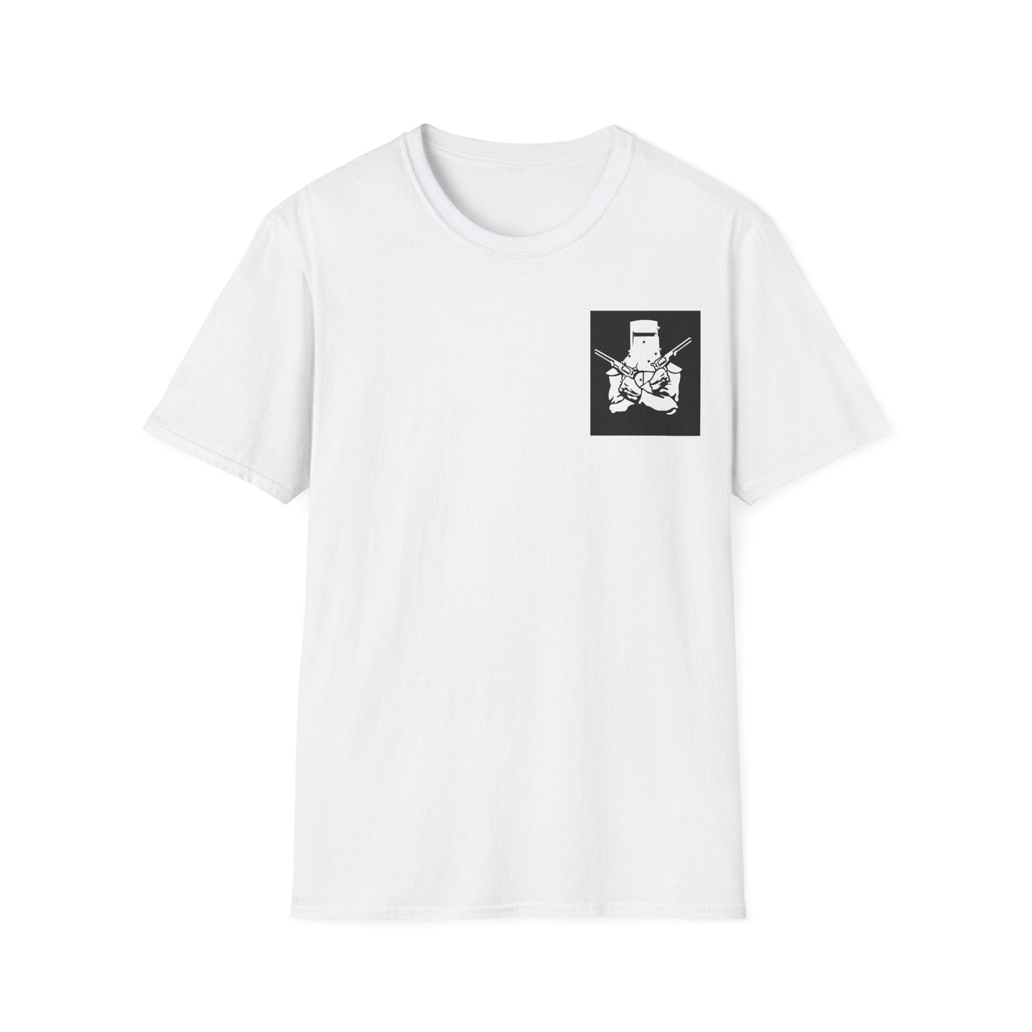 Black t-shirt with a graphic Ned Kelly Outlaw Biker style design and text on a white background