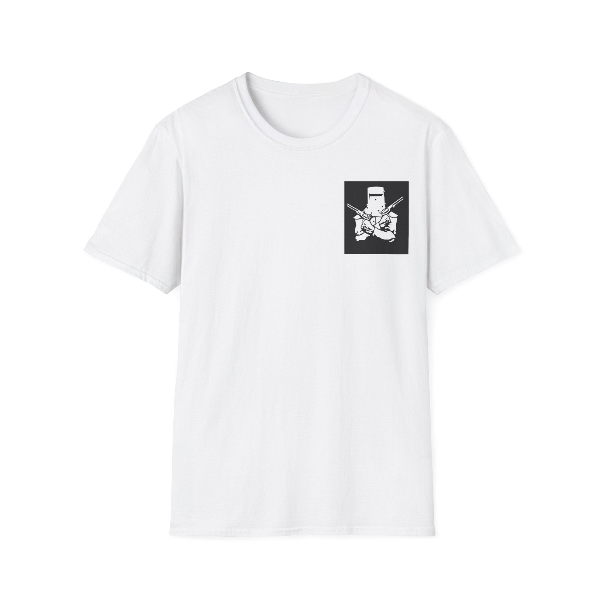 Black t-shirt with a graphic Ned Kelly Outlaw Biker style design and text on a white background