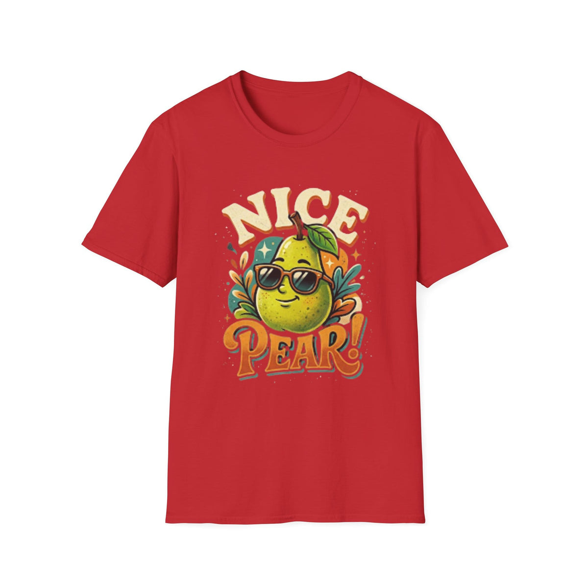 A red short-sleeve crewneck t-shirt featuring a colorful graphic of a cartoon pear wearing sunglasses with the text 'NICE PEAR!' printed around it, shown against a plain white background.