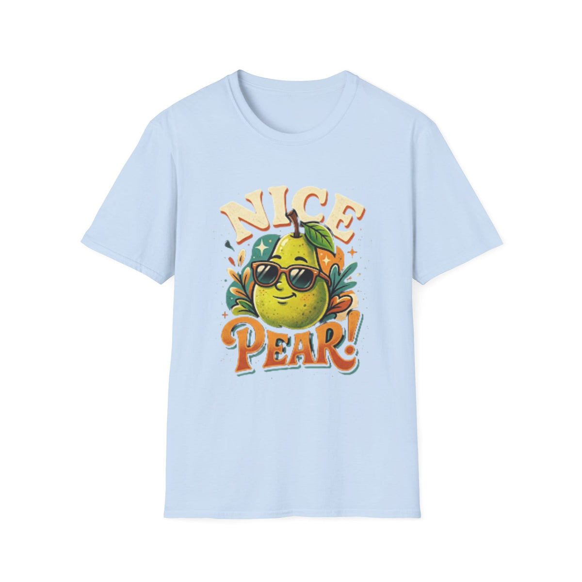 A light blue short-sleeve crewneck t-shirt featuring a colorful graphic of a cartoon pear wearing sunglasses with the text 'NICE PEAR!' printed around it.