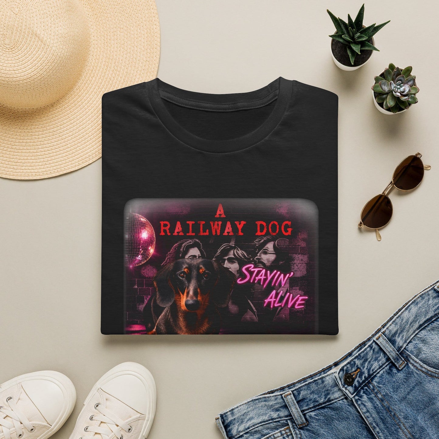 Dachshund Railway Dog Stayin' Alive T-Shirt | Retro Band Graphic Tee
