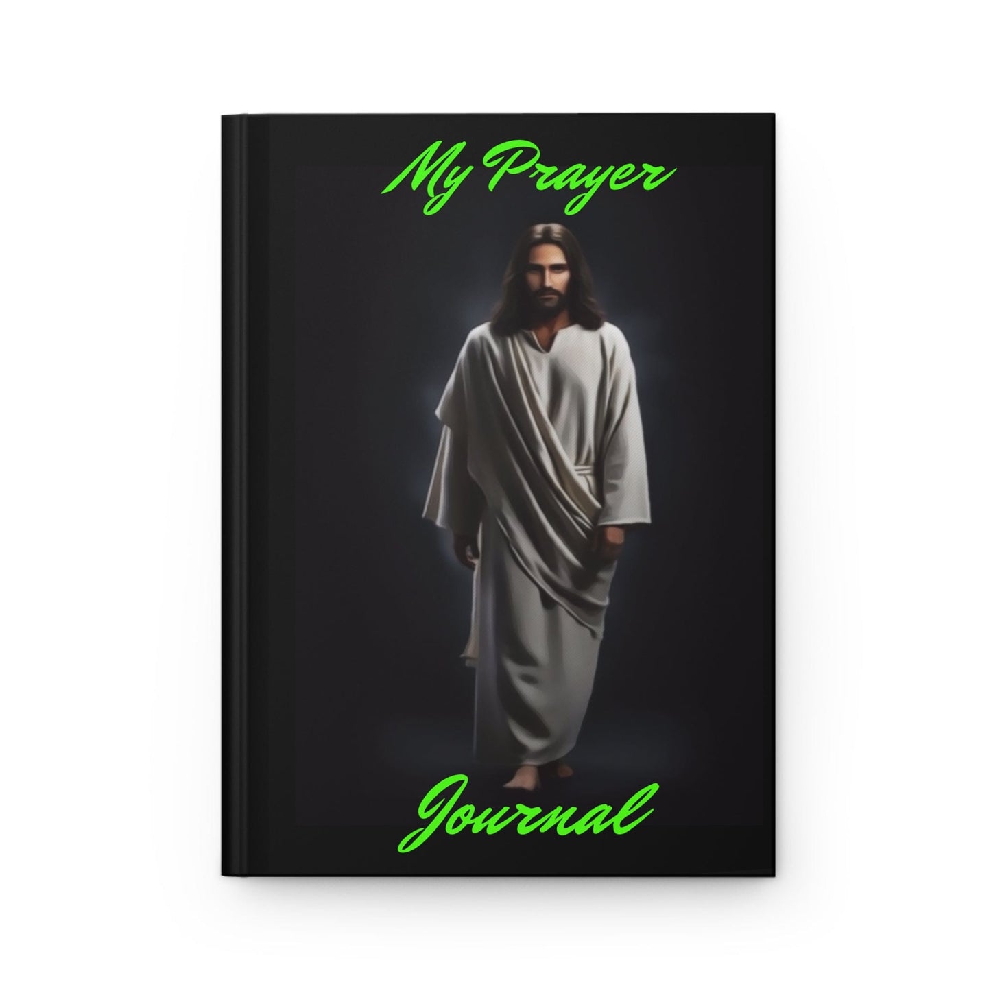 Journal with Jesus in robes and 'My Prayer Journal' text on a black background
