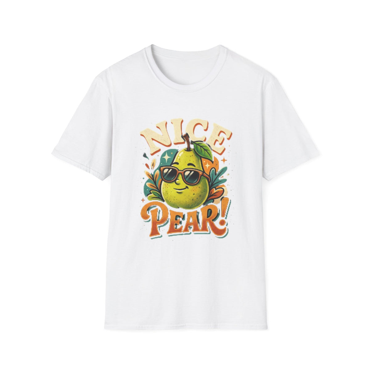 A white short-sleeve crewneck t-shirt featuring a colorful graphic of a cartoon pear wearing sunglasses with the text 'NICE PEAR!' in orange and yellow.