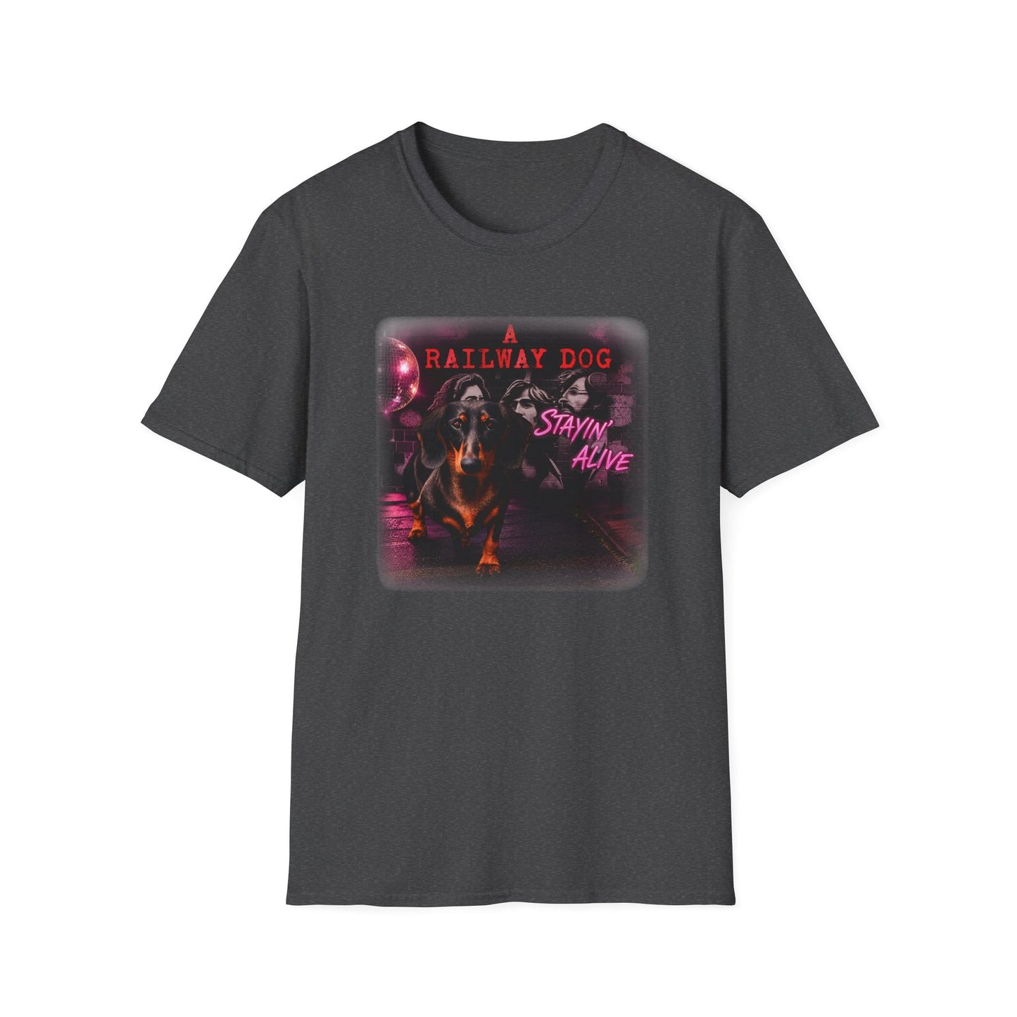 Dachshund Railway Dog Stayin' Alive T-Shirt | Retro Band Graphic Tee