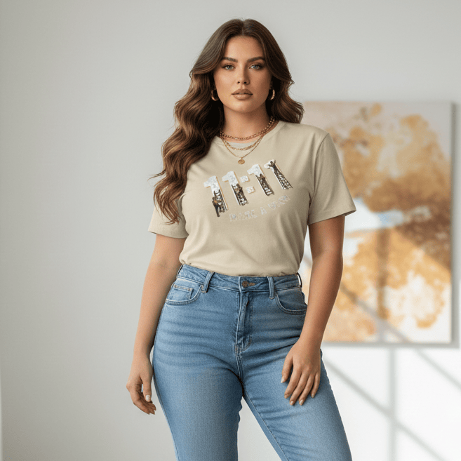 Woman wearing a beige t-shirt with 11:11 graphic design and blue jeans in a bright room.