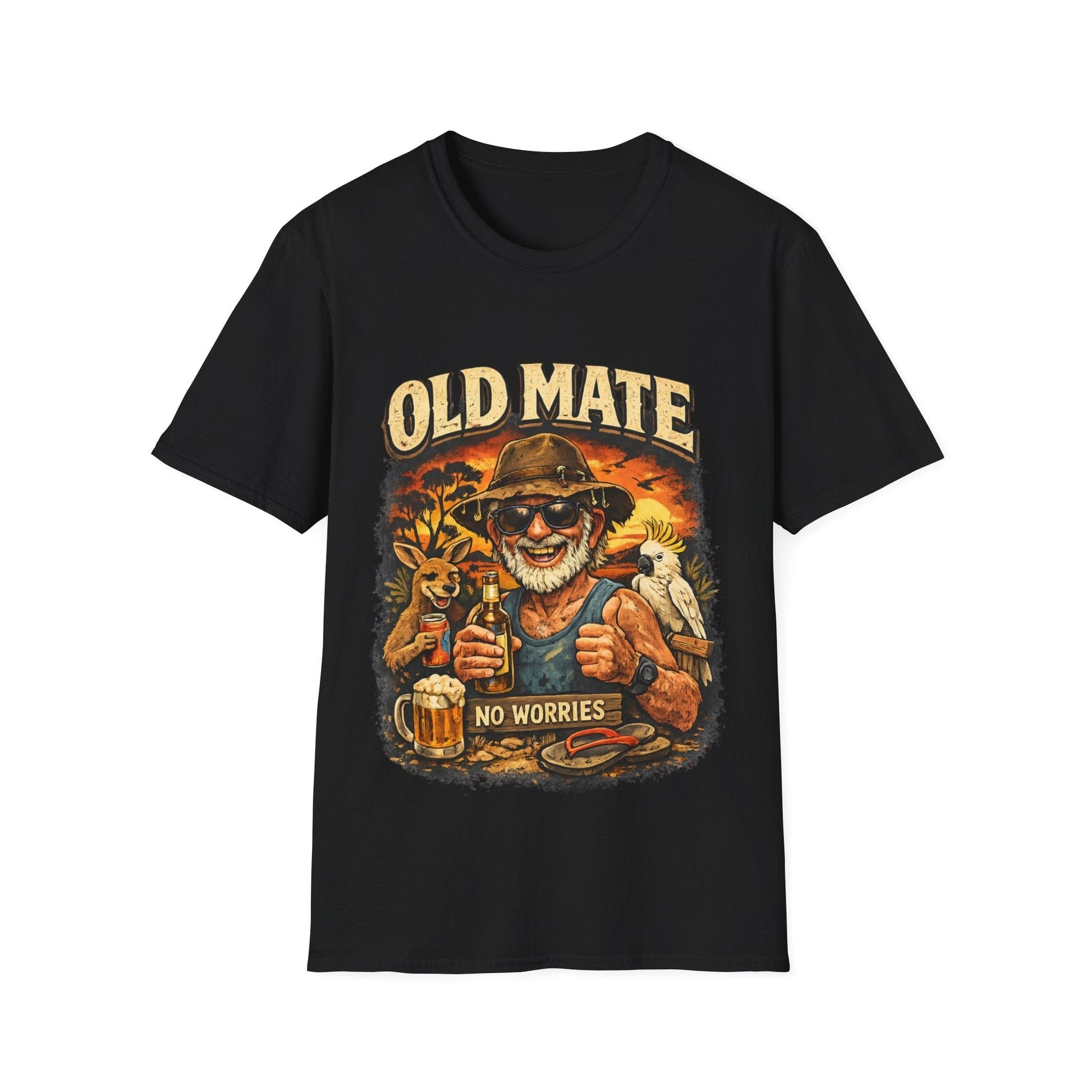 front view Old Mate No Worries Aussie beer graphic t shirt