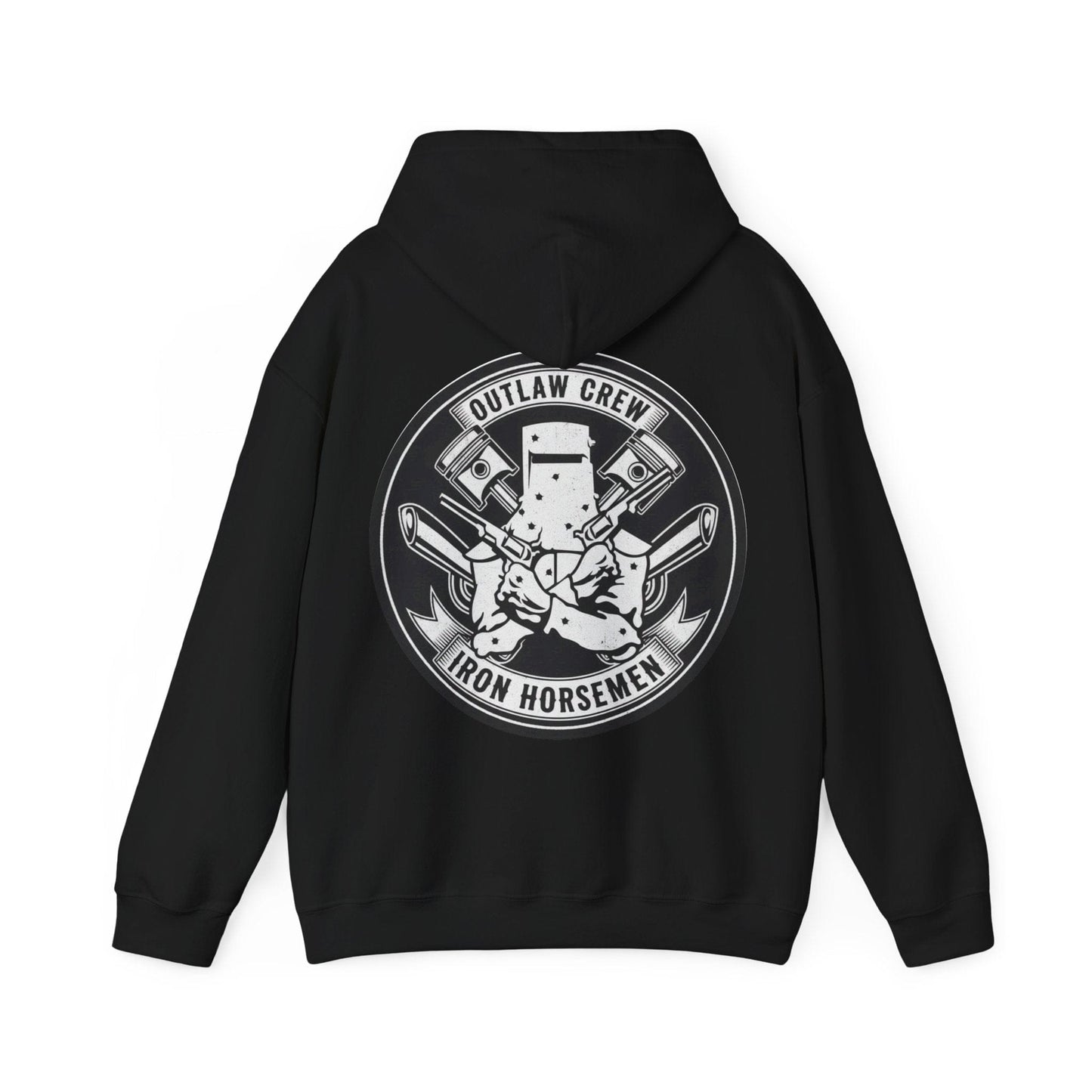 Black hoodie with a graphic design on the back on a white background