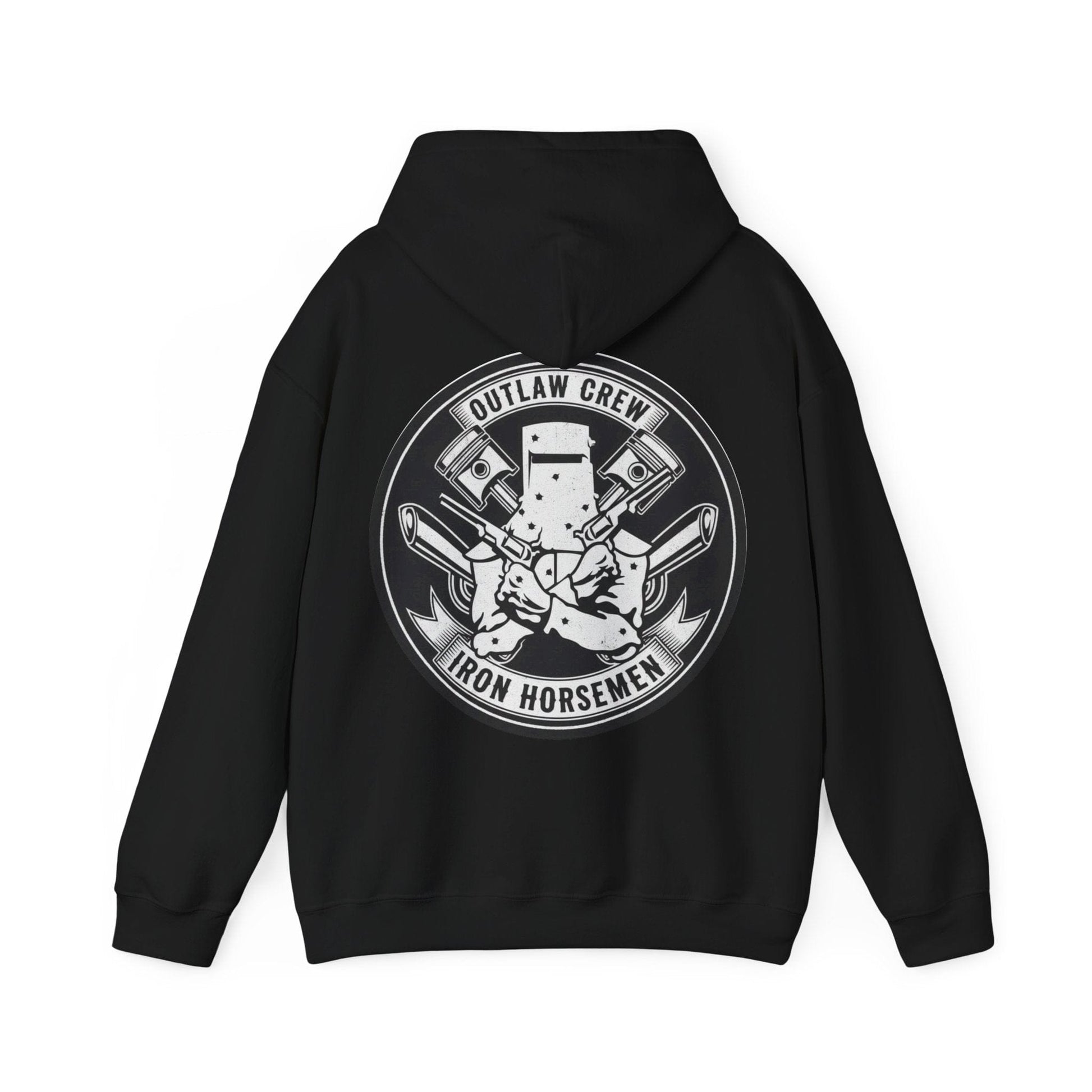 Black hoodie with a graphic design on the back on a white background