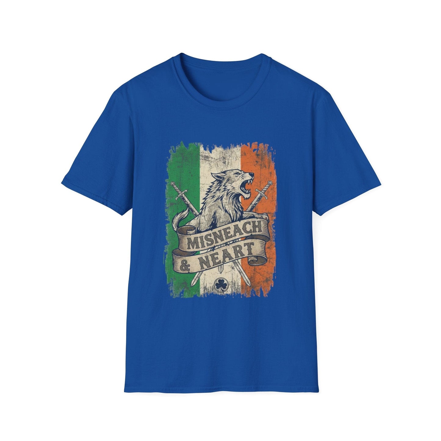 Irish Wolf Misneach & Neart T-Shirt - Distressed Ireland Flag Graphic Tee
Product Description