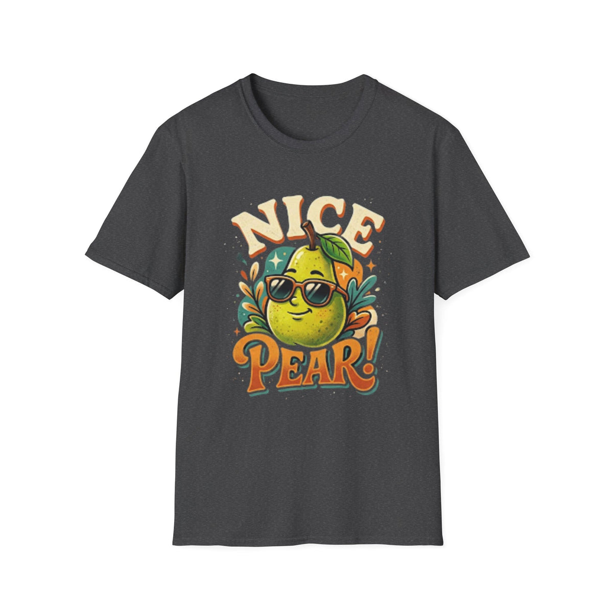A dark gray crewneck t-shirt featuring a colorful graphic of a cartoon pear wearing sunglasses with the text 'NICE PEAR!' in a retro font, displayed on a solid white background.