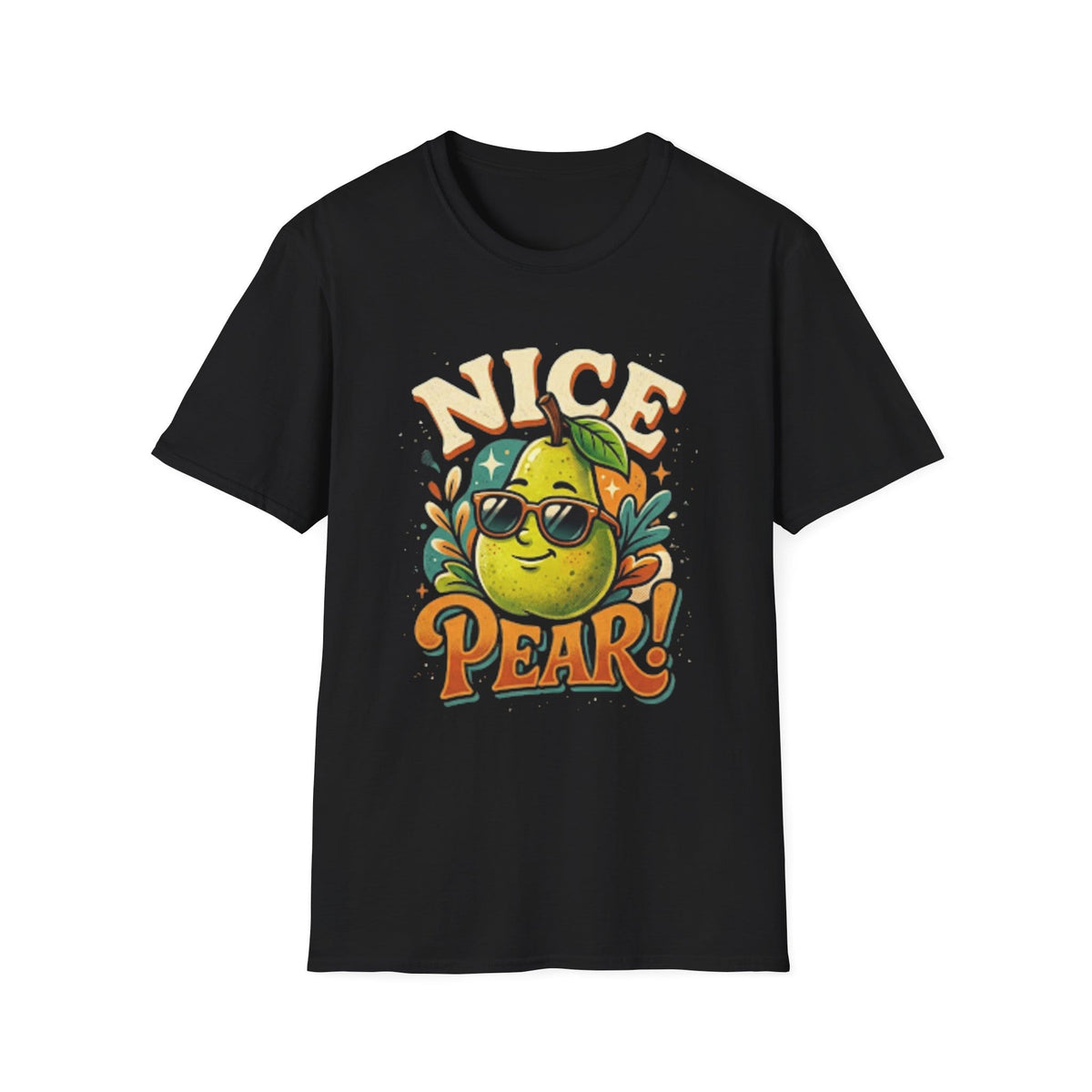 Black womens t-shirt with Nice Pear graphic and text on a white background