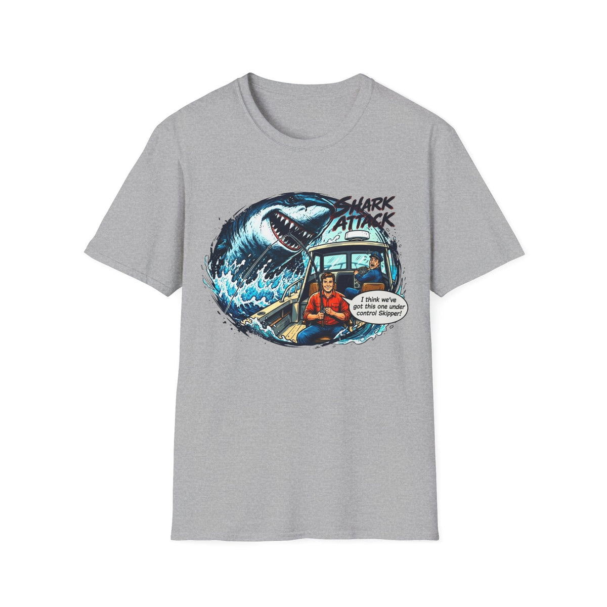Shark Attack Fishing Graphic T-Shirt | Retro Boat Comic Humor Tee