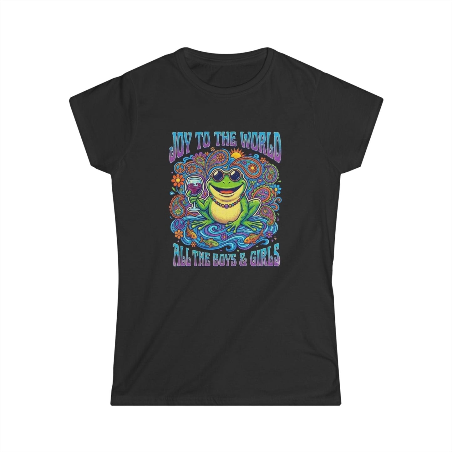 Joy to the World Frog Graphic Tee – Psychedelic Retro Women’s T-Shirt