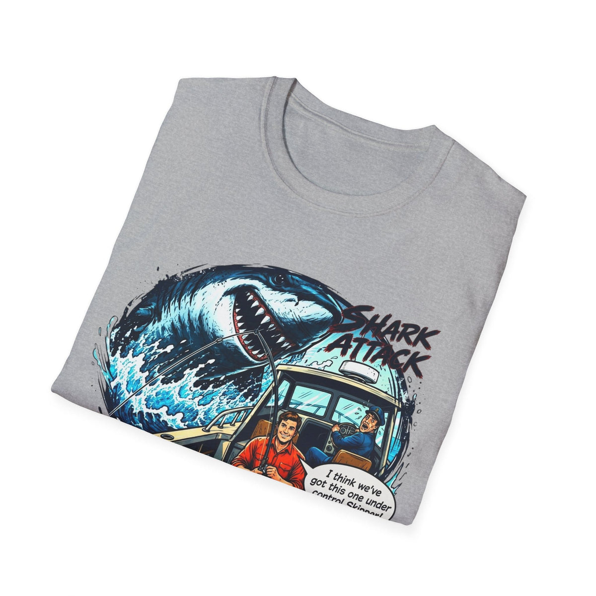 Shark Attack Fishing Graphic T-Shirt | Retro Boat Comic Humor Tee