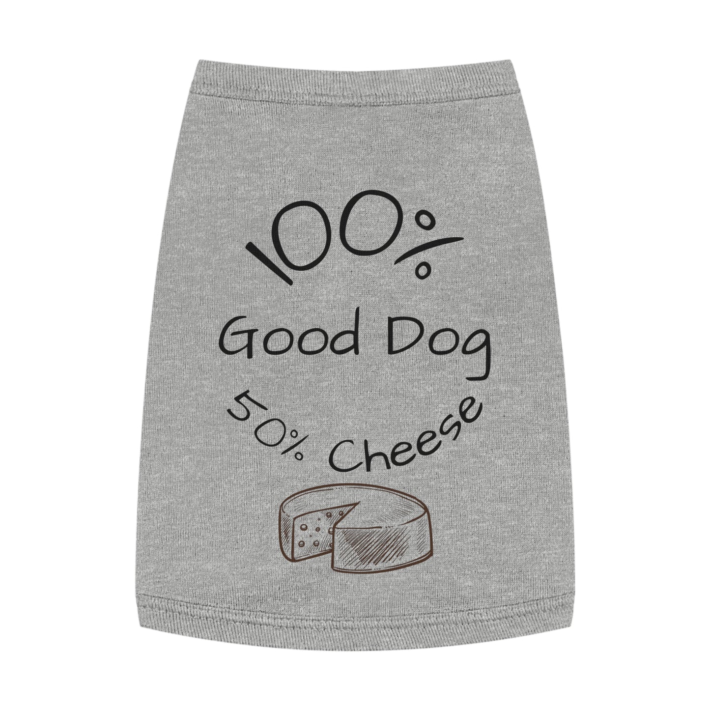 Gray dog sweater with '100% Good Dog, 50% Cheese' text and cheese graphic on a white background