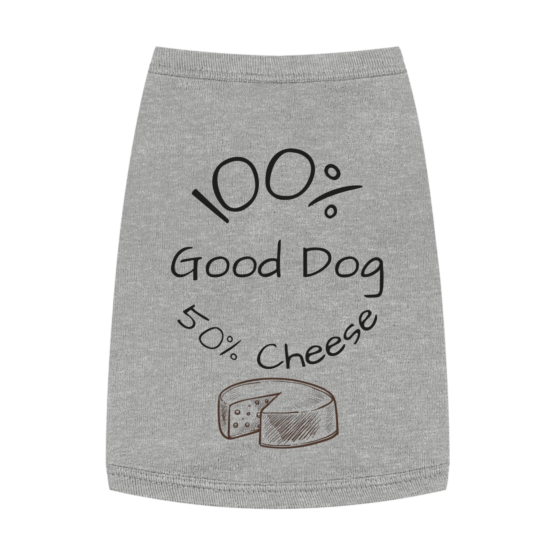 Gray dog sweater with '100% Good Dog, 50% Cheese' text and cheese graphic on a white background