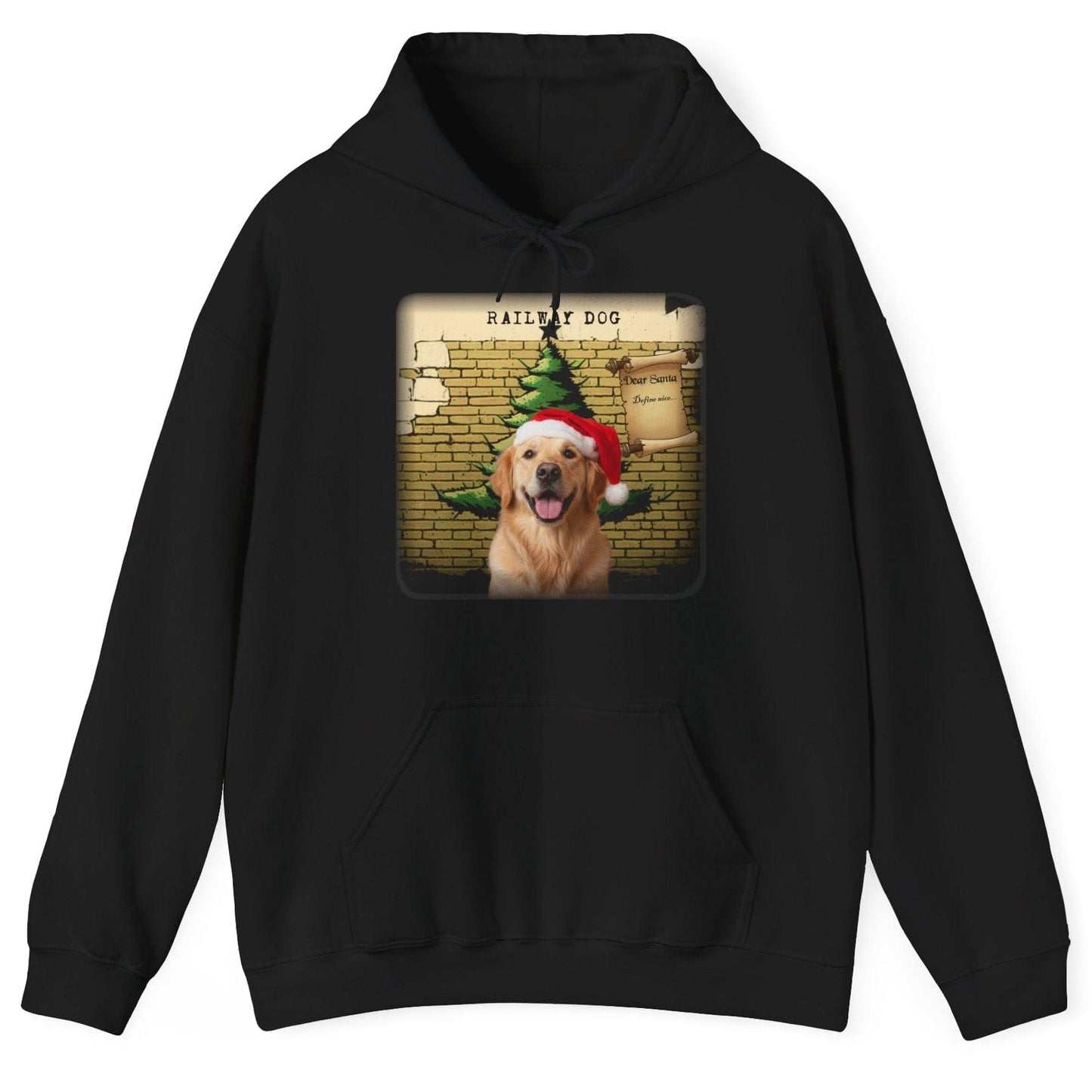 Black hoodie with a graphic of a dog wearing a Santa hat and Christmas tree on a white background