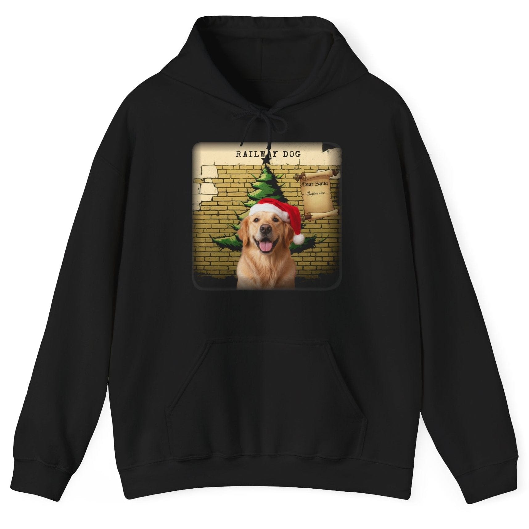Black hoodie with a graphic of a dog wearing a Santa hat and Christmas tree on a white background