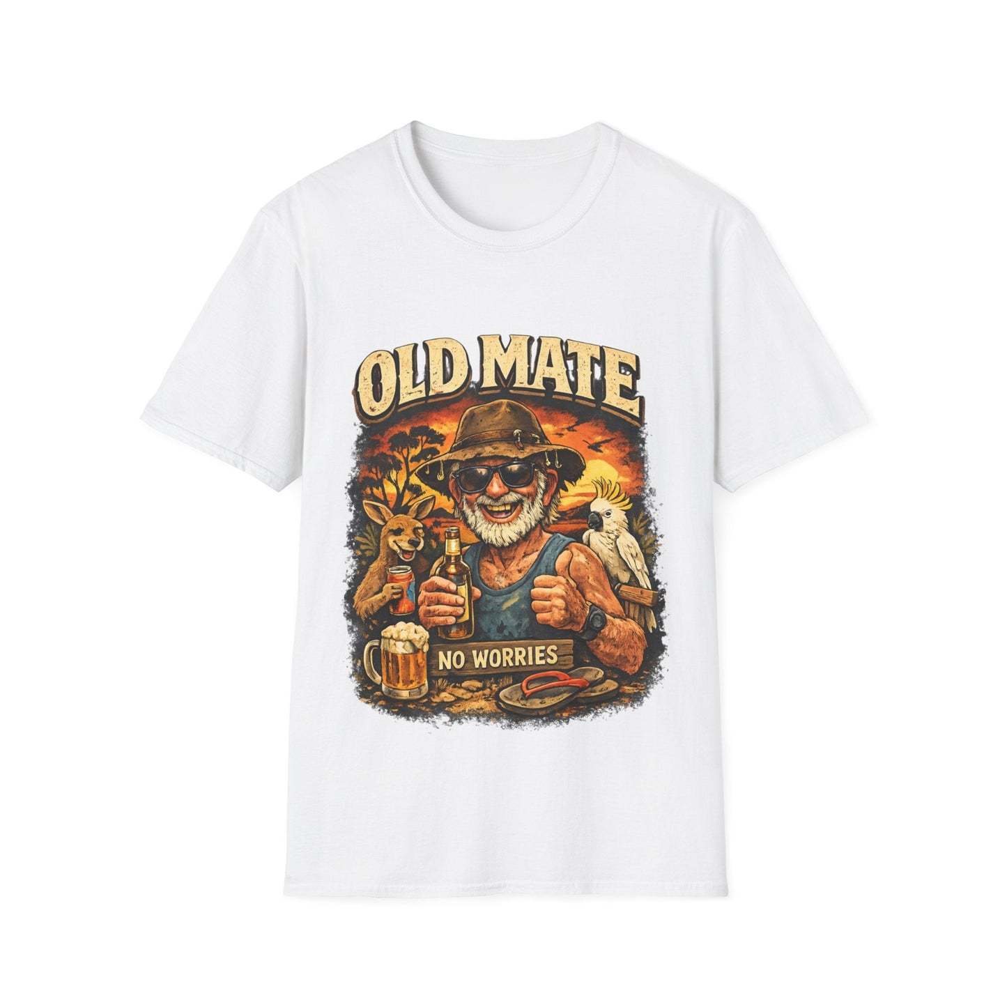 front view Old Mate No Worries Aussie beer graphic t shirt