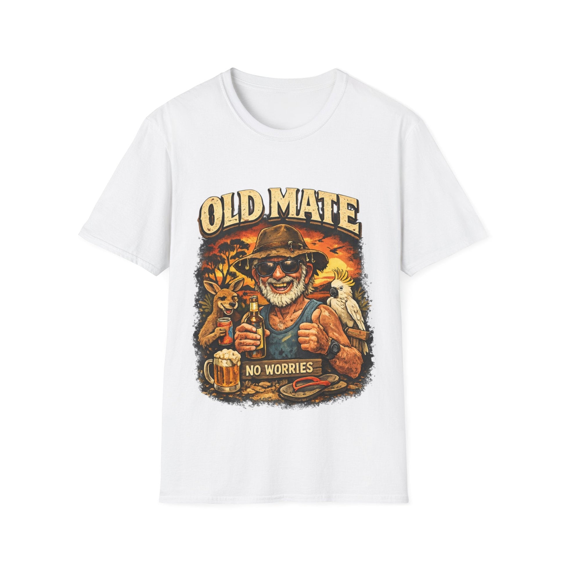 front view Old Mate No Worries Aussie beer graphic t shirt