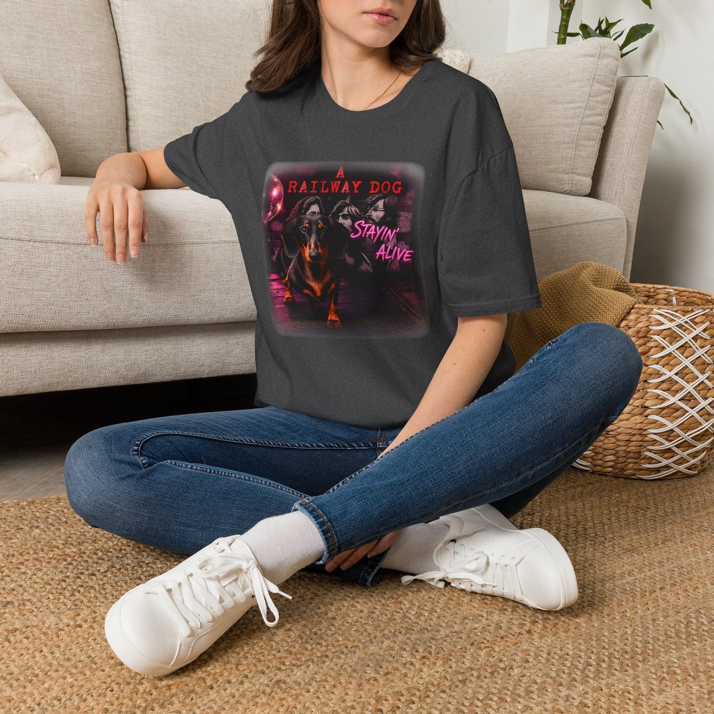 Dachshund Railway Dog Stayin' Alive T-Shirt | Retro Band Graphic Tee