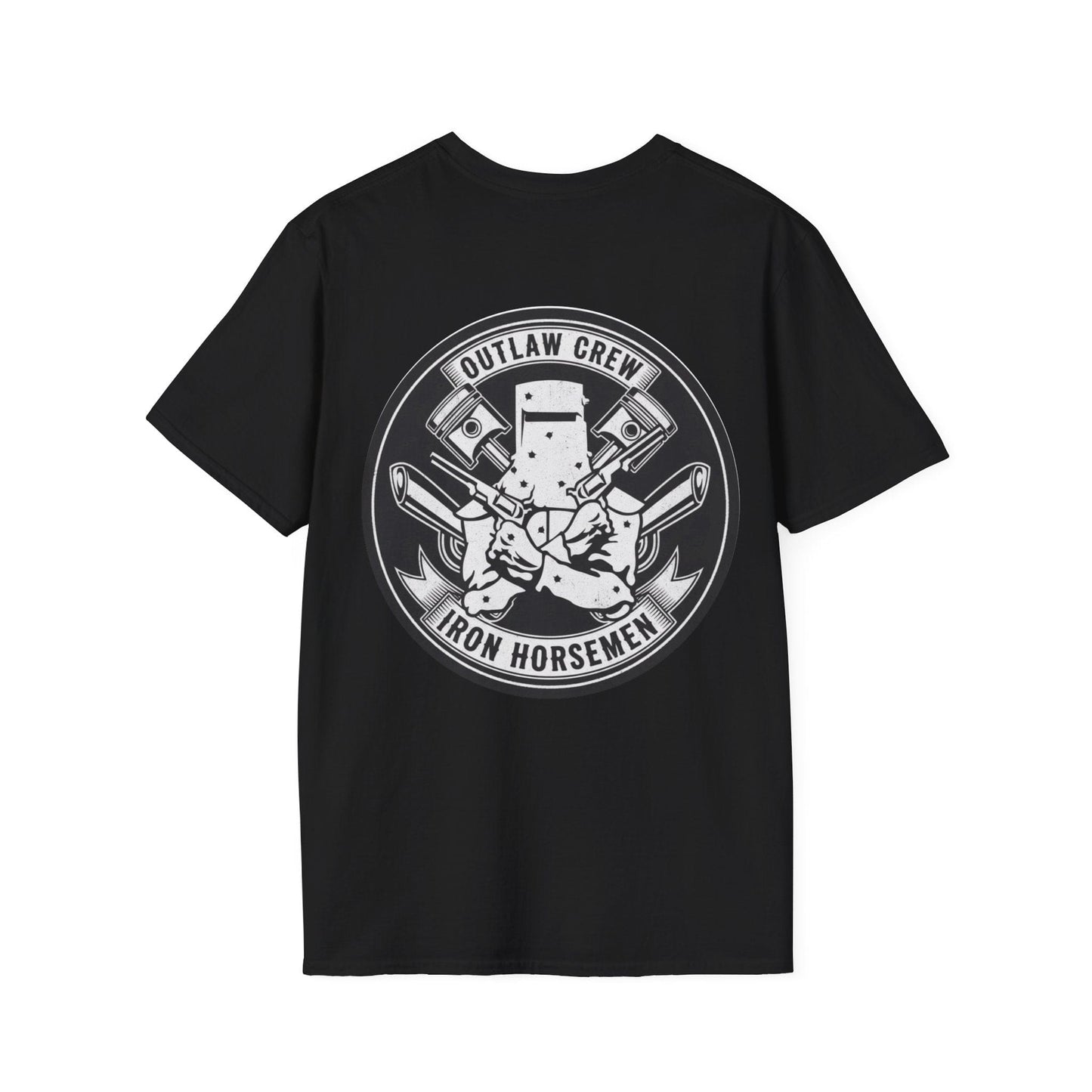 Black t-shirt with a graphic Ned Kelly Outlaw Biker style design and text on a white background