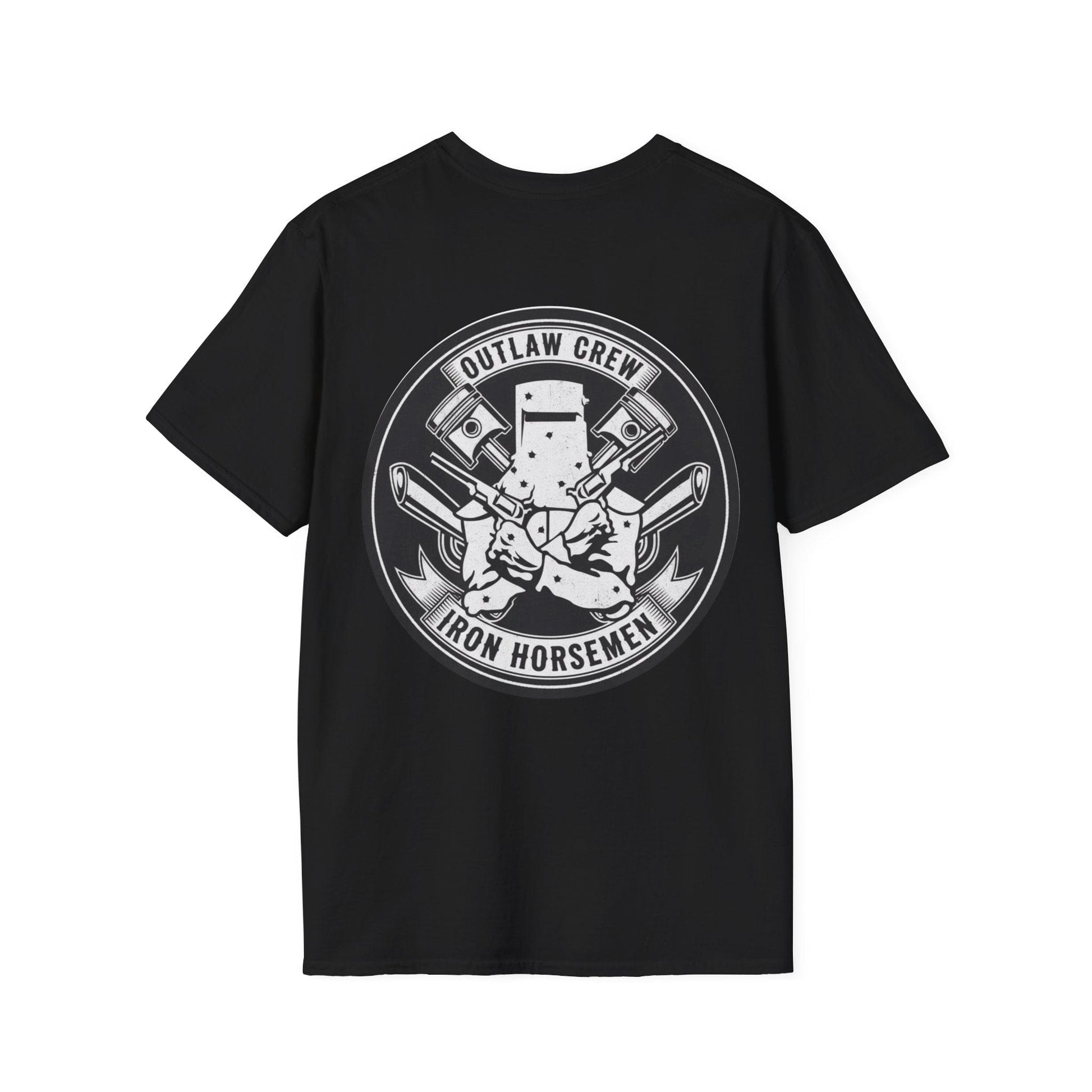 Black t-shirt with a graphic Ned Kelly Outlaw Biker style design and text on a white background